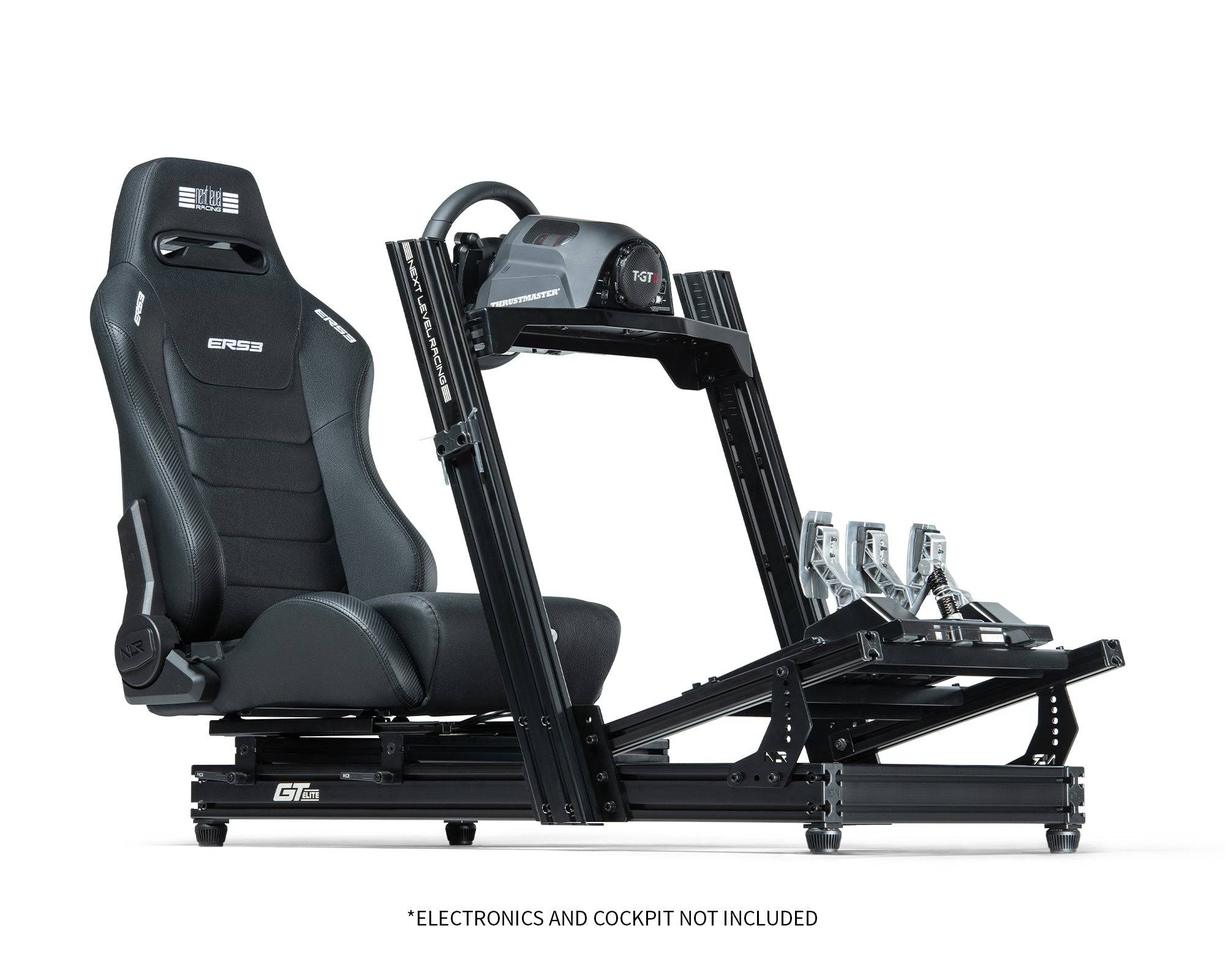 Next Level Racing ERS3 Elite Reclining Sim Racing Seat with adjustable backrest and sturdy frame, designed for gaming comfort.