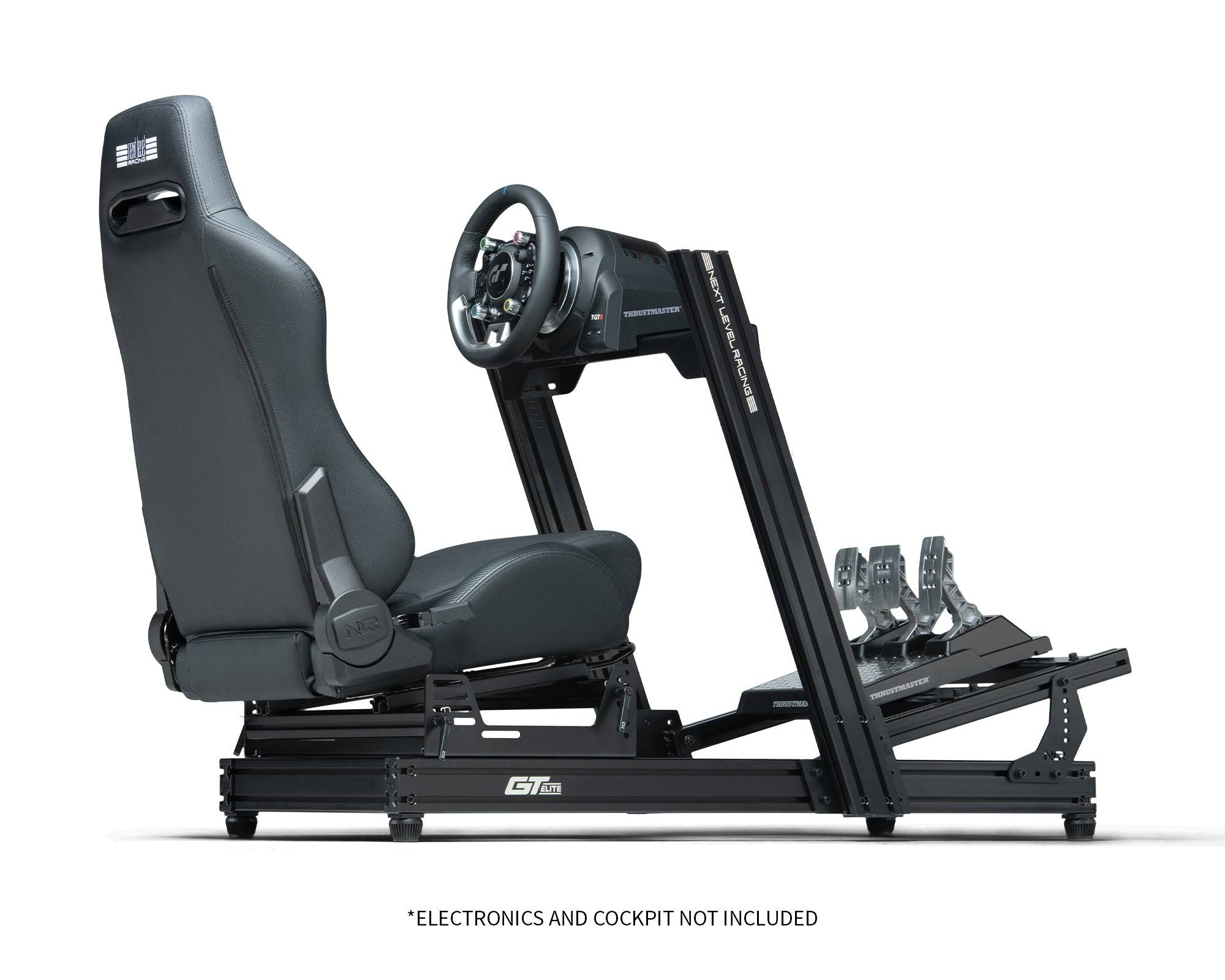 Next Level Racing ERS3 Elite reclining sim racing seat with black and red upholstery and adjustable headrest for gaming comfort.