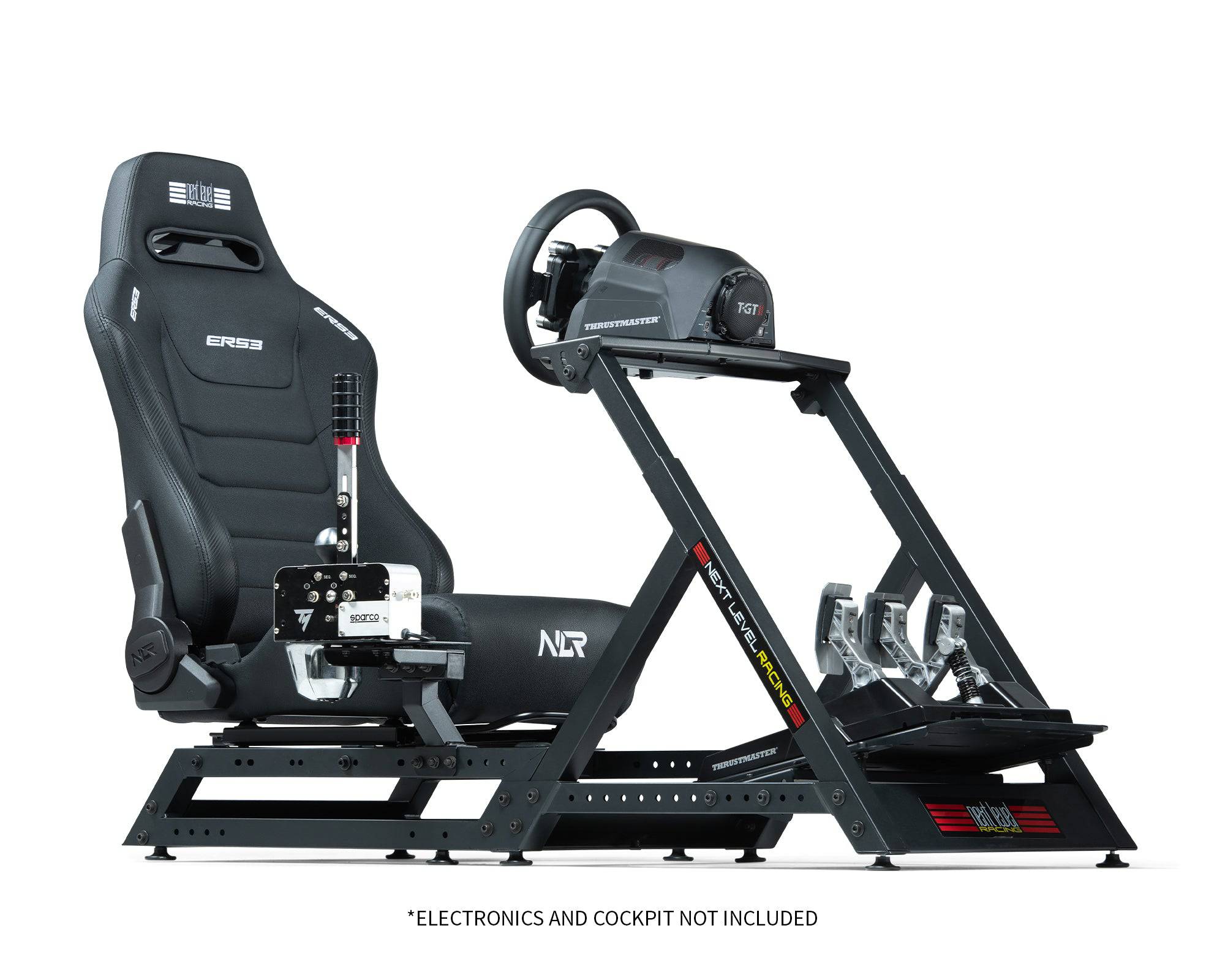 Next Level Racing ERS3 Elite reclining sim racing seat with black upholstery and adjustable headrest for immersive gaming comfort.