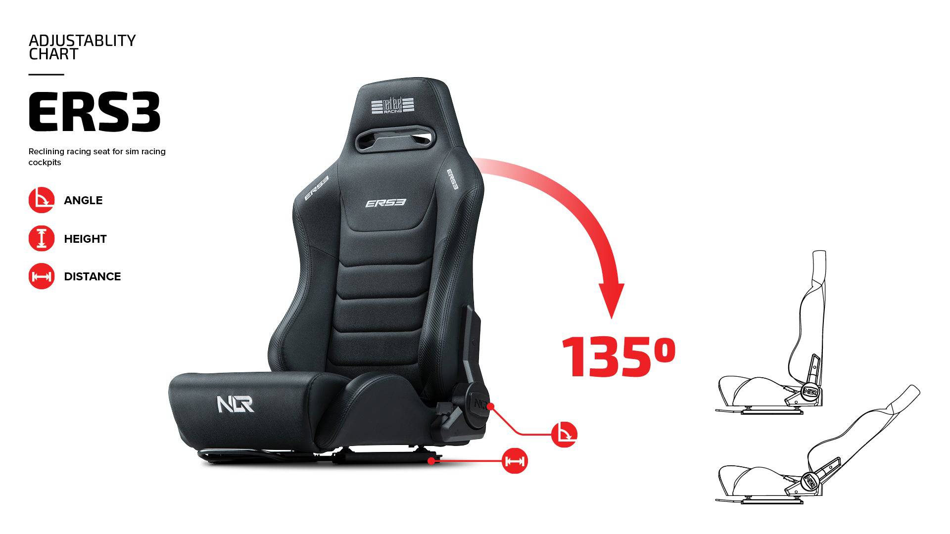 Next Level Racing ERS3 Elite reclining sim racing seat with adjustable features and supportive design for immersive gaming comfort.