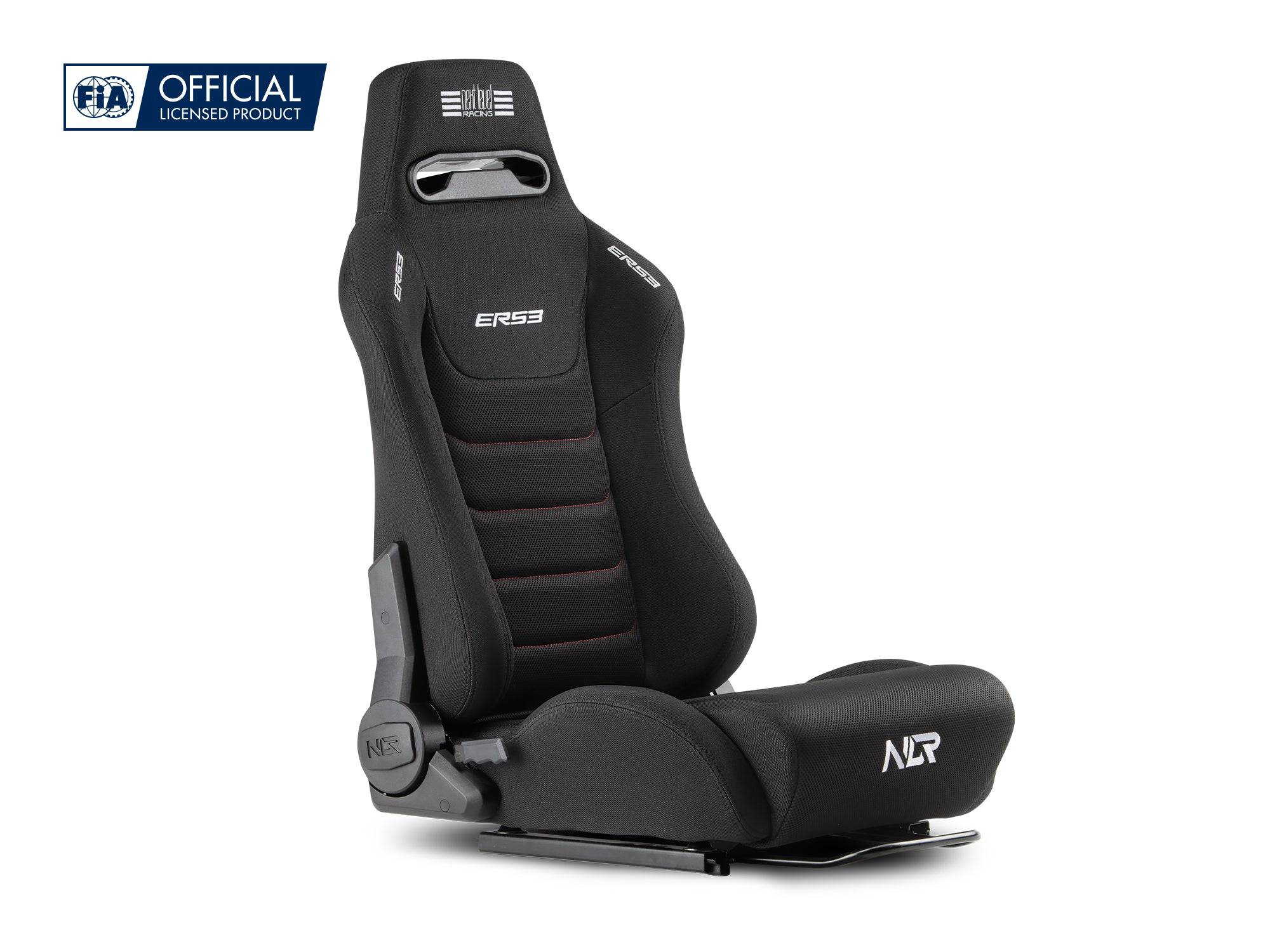 Next Level Racing ERS3 Elite reclining sim racing seat with fabric and SIMAERO mesh upholstery, designed for gaming comfort and support.