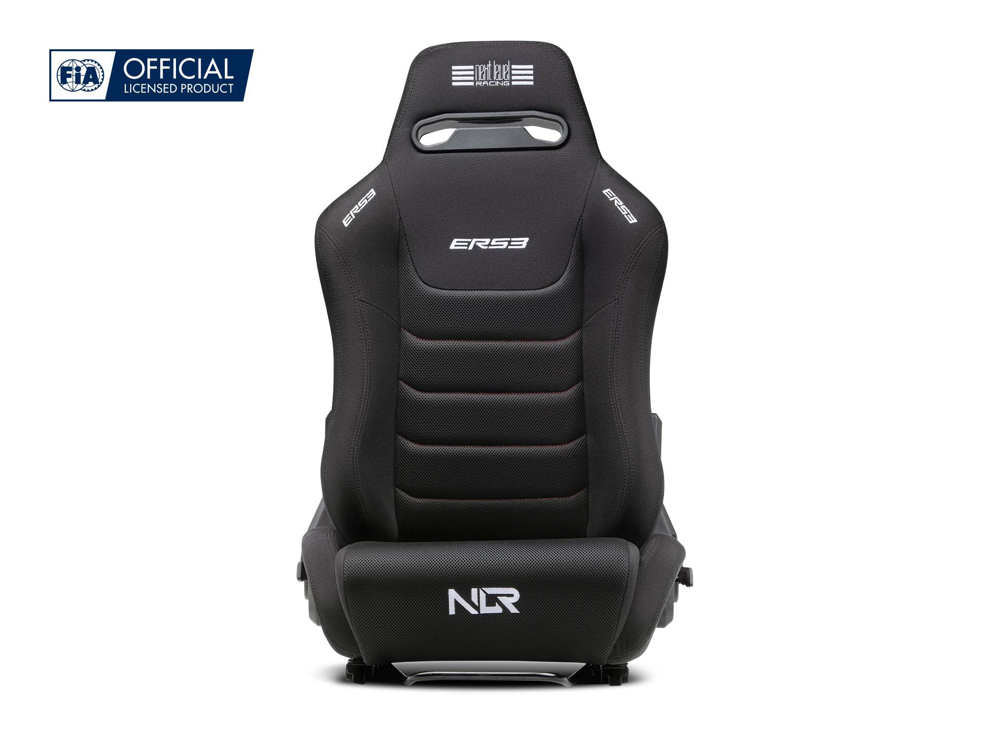 Next Level Racing ERS3 Elite reclining sim racing seat with fabric and Simaero mesh material, featuring adjustable headrest and ergonomic design.