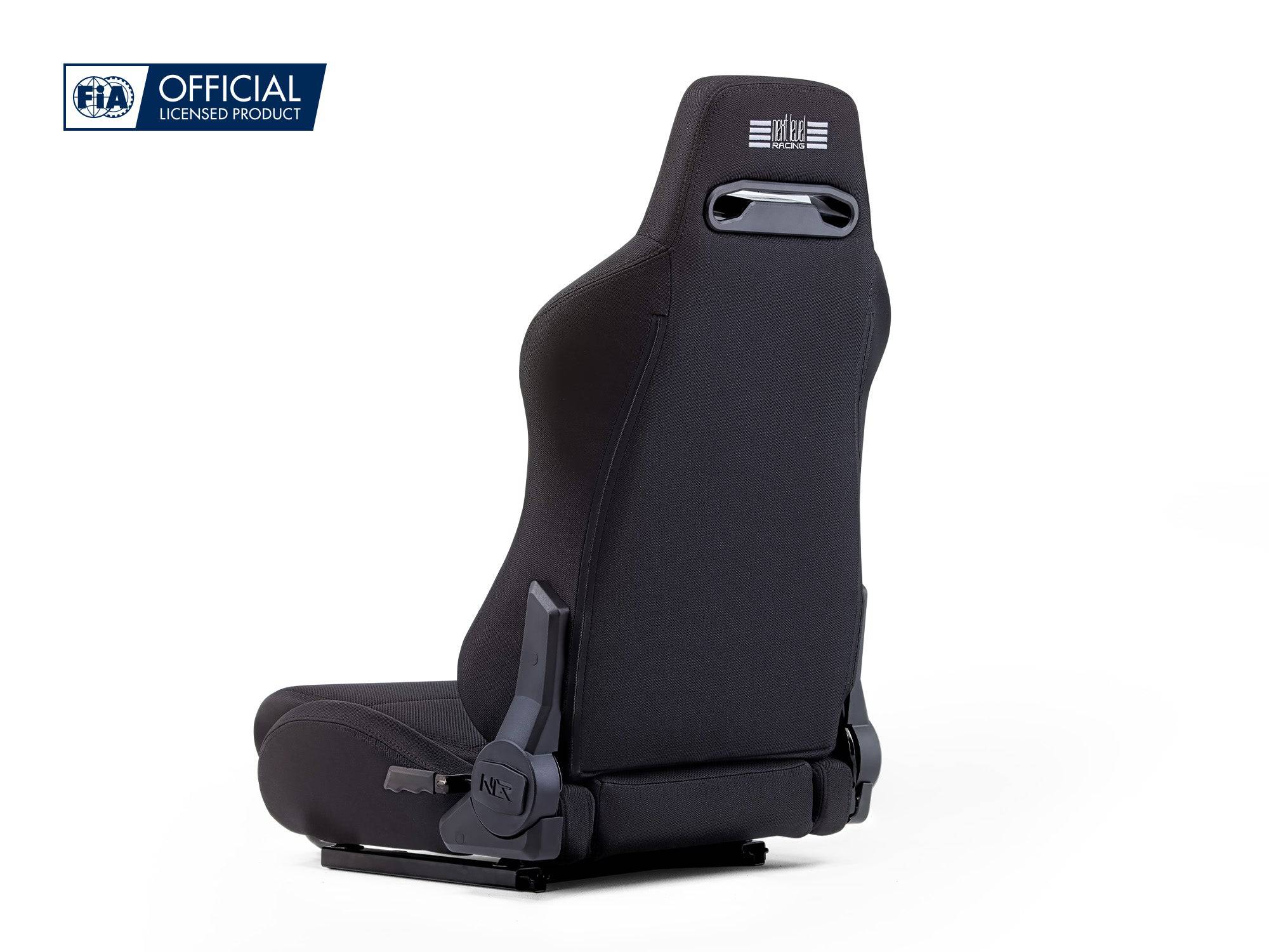 Next Level Racing ERS3 Elite reclining fabric and mesh sim racing seat with adjustable headrest and ergonomic design.
