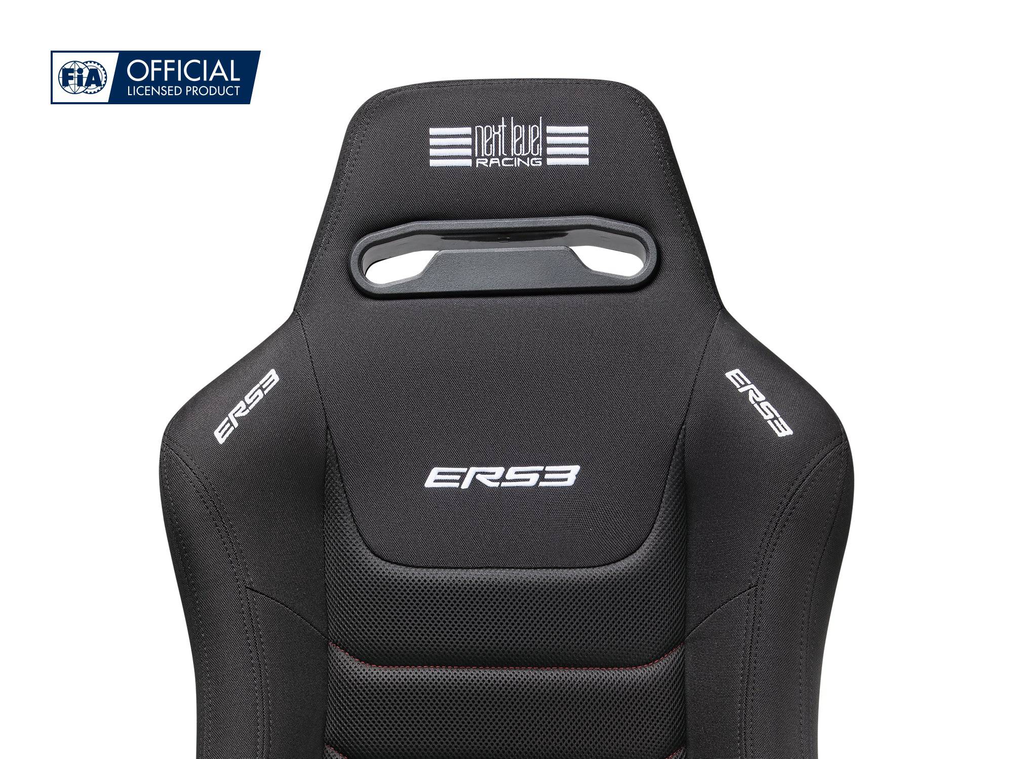 Next Level Racing ERS3 Elite reclining sim racing seat with fabric and Simaero mesh, featuring adjustable backrest and ergonomic design.