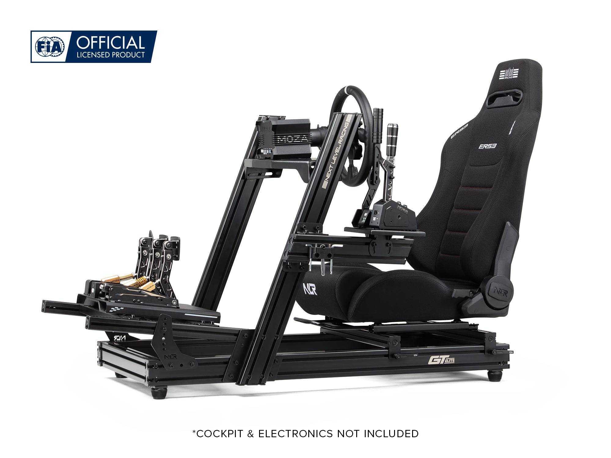 Next Level Racing ERS3 Elite reclining gaming chair with fabric and SIMAERO mesh upholstery, designed for sim racing comfort.
