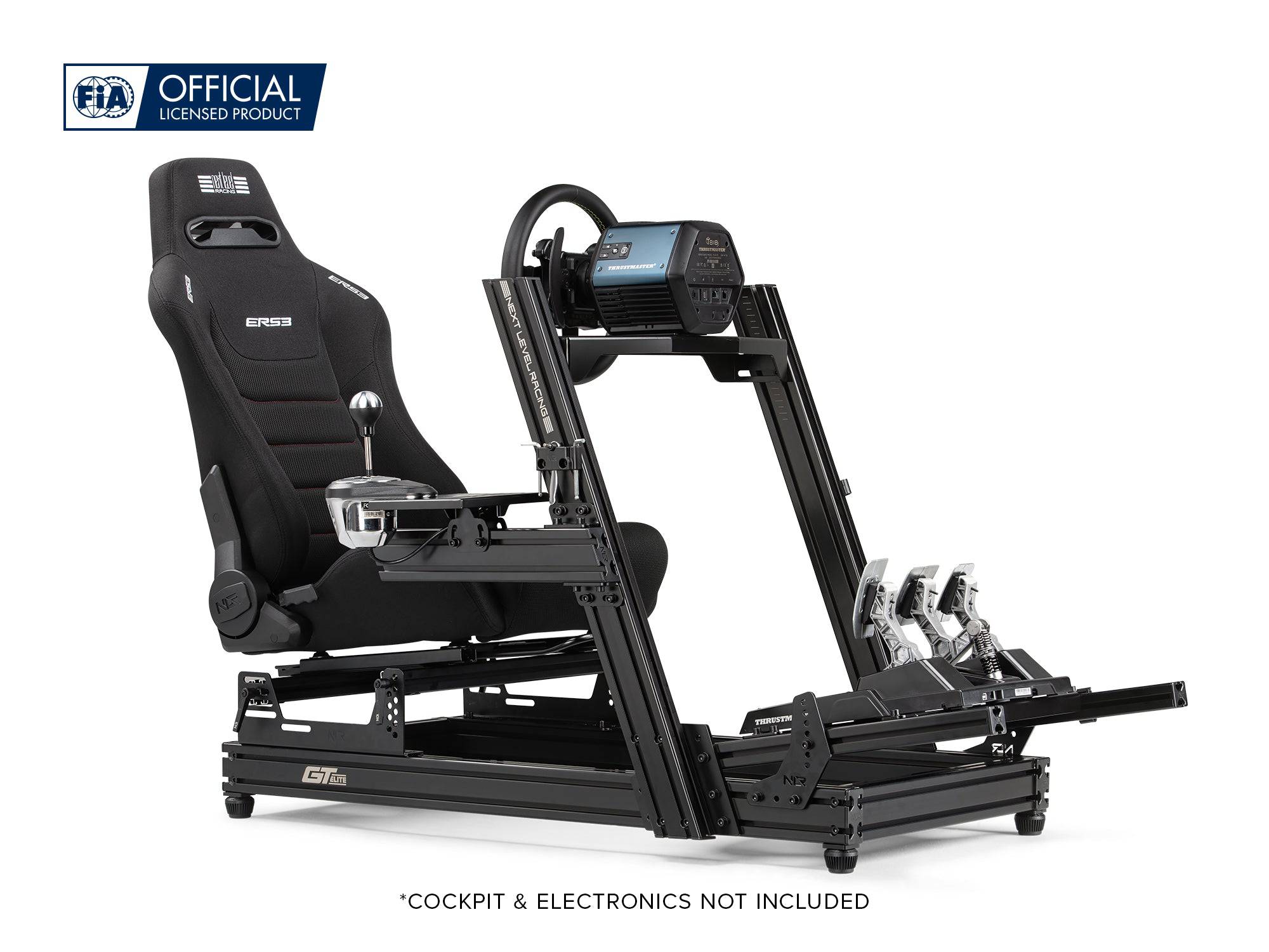 Next Level Racing ERS3 Elite reclining sim racing seat in fabric and Simaero mesh, featuring adjustable backrest and cushioned support.
