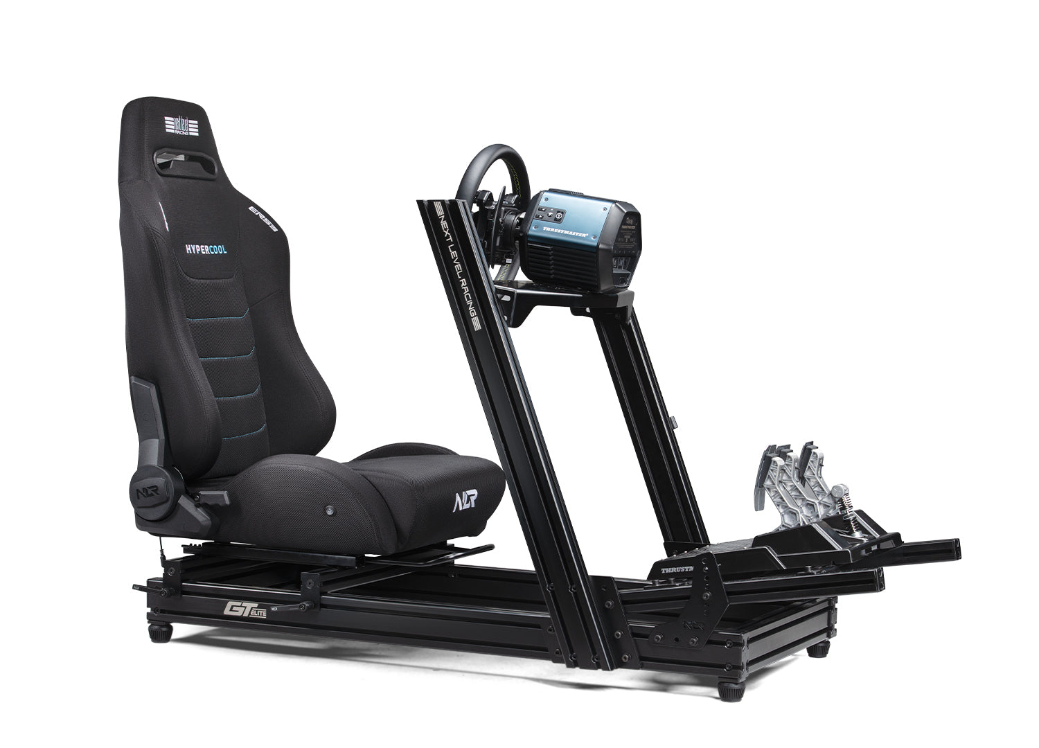 Next Level Racing ERS3 HYPERCOOL ventilated sim racing seat with black and red upholstery and adjustable headrest.