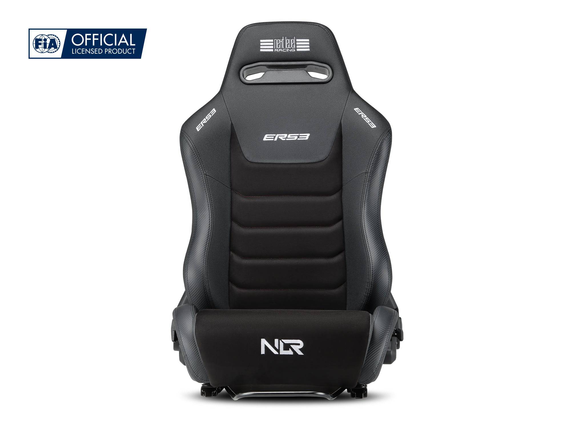 Next Level Racing ERS3 Elite reclined gaming seat with PU leather and suede upholstery, designed for sim racing comfort and realism.