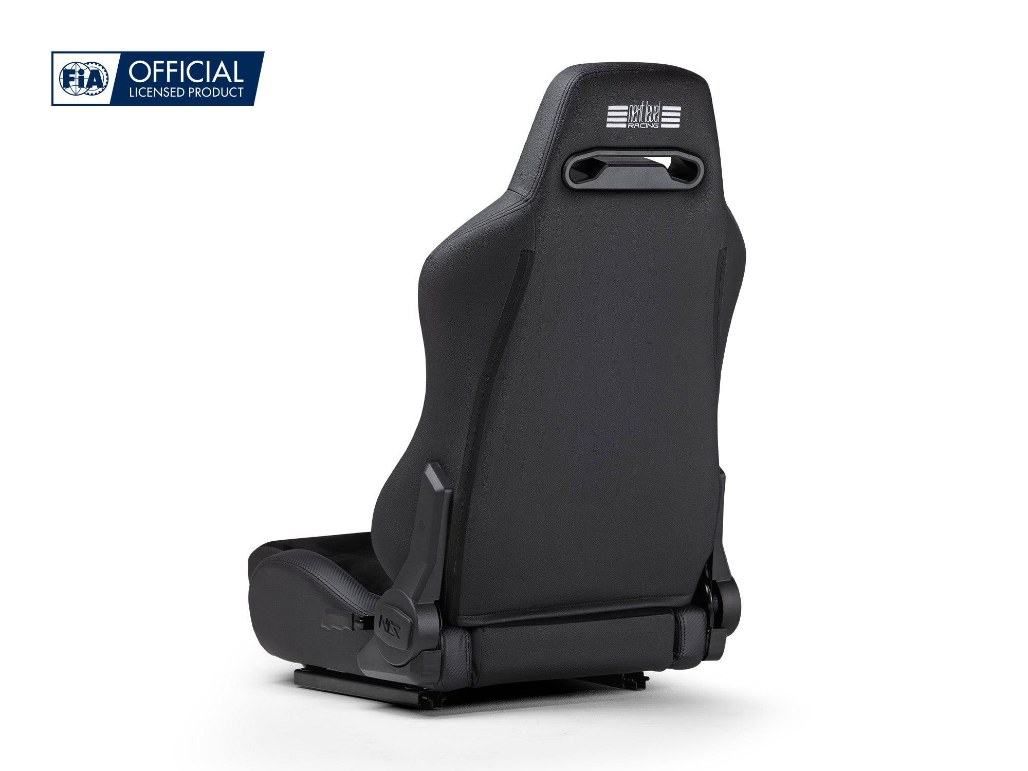 Next Level Racing ERS3 Elite reclining sim racing seat with PU leather and suede upholstery, designed for gaming comfort.