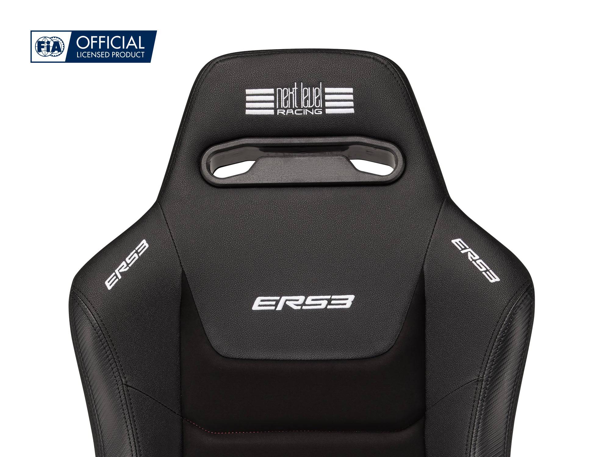 Next Level Racing ERS3 Elite reclining gaming seat with PU leather and suede upholstery, designed for sim racing comfort and support