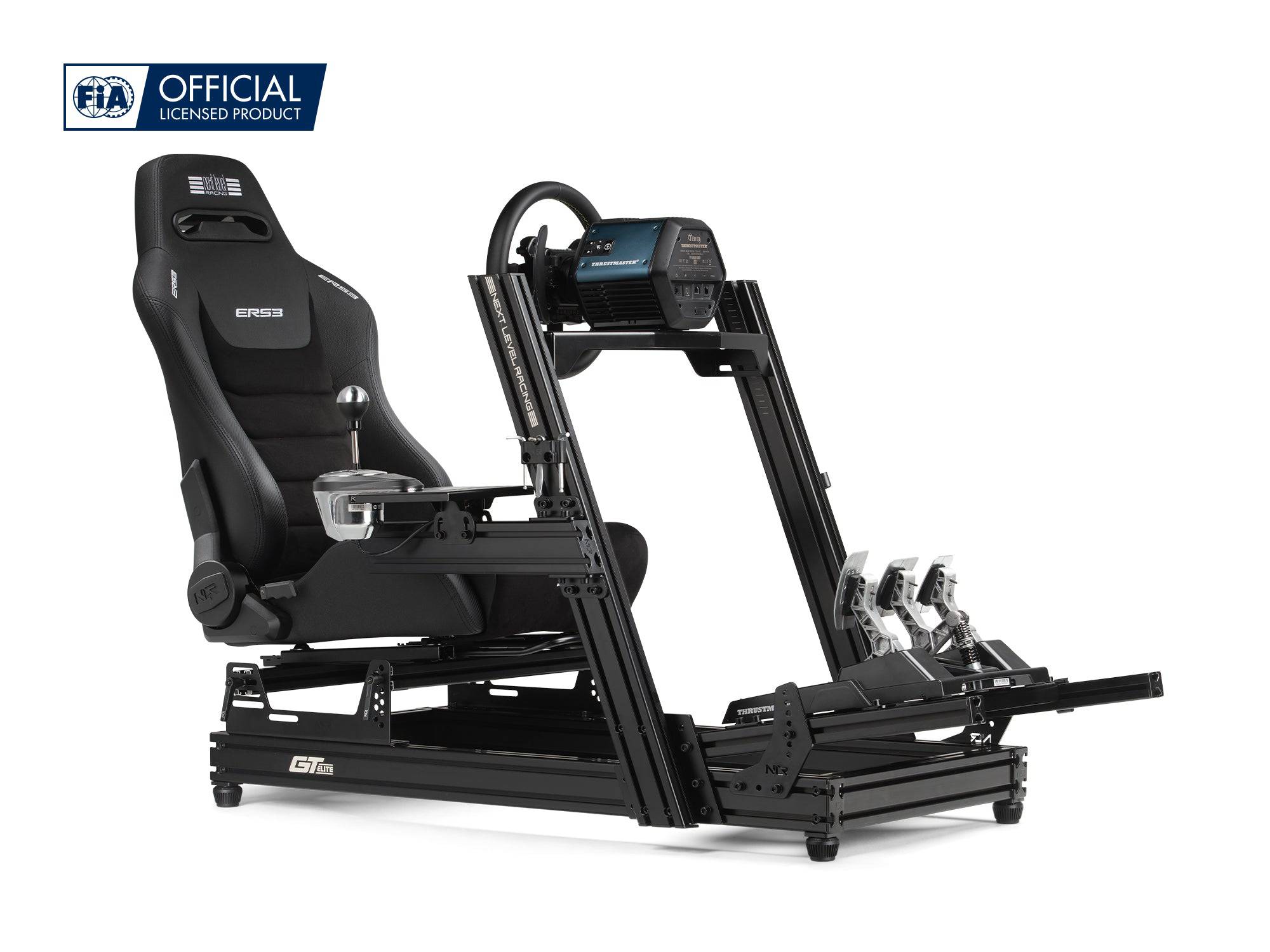 Next Level Racing ERS3 Elite reclining sim racing seat in PU leather and suede, featuring ergonomic design and adjustable features.