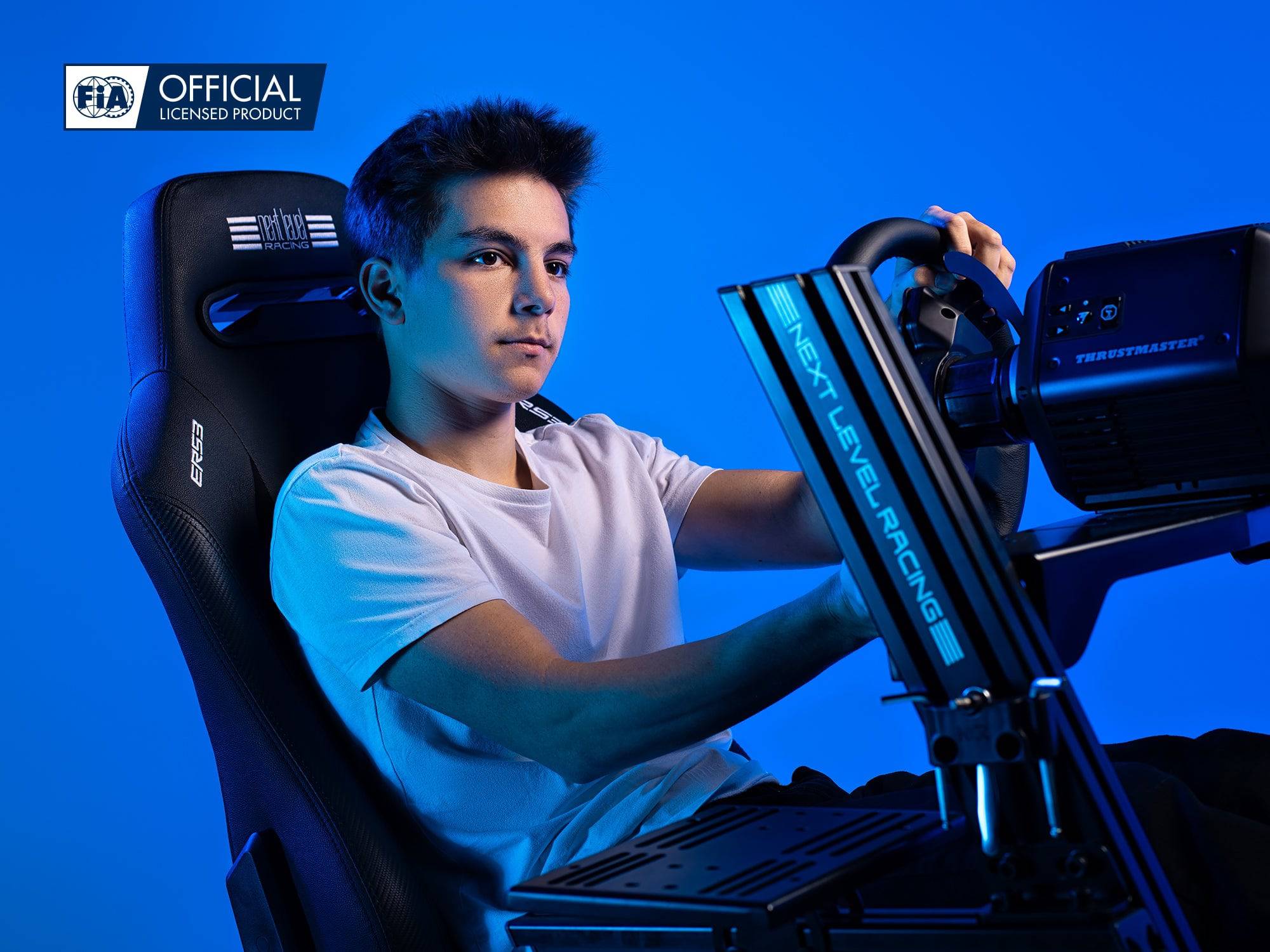 Next Level Racing ERS3 Elite reclining gaming seat with PU leather and suede upholstery, designed for sim racing setups.
