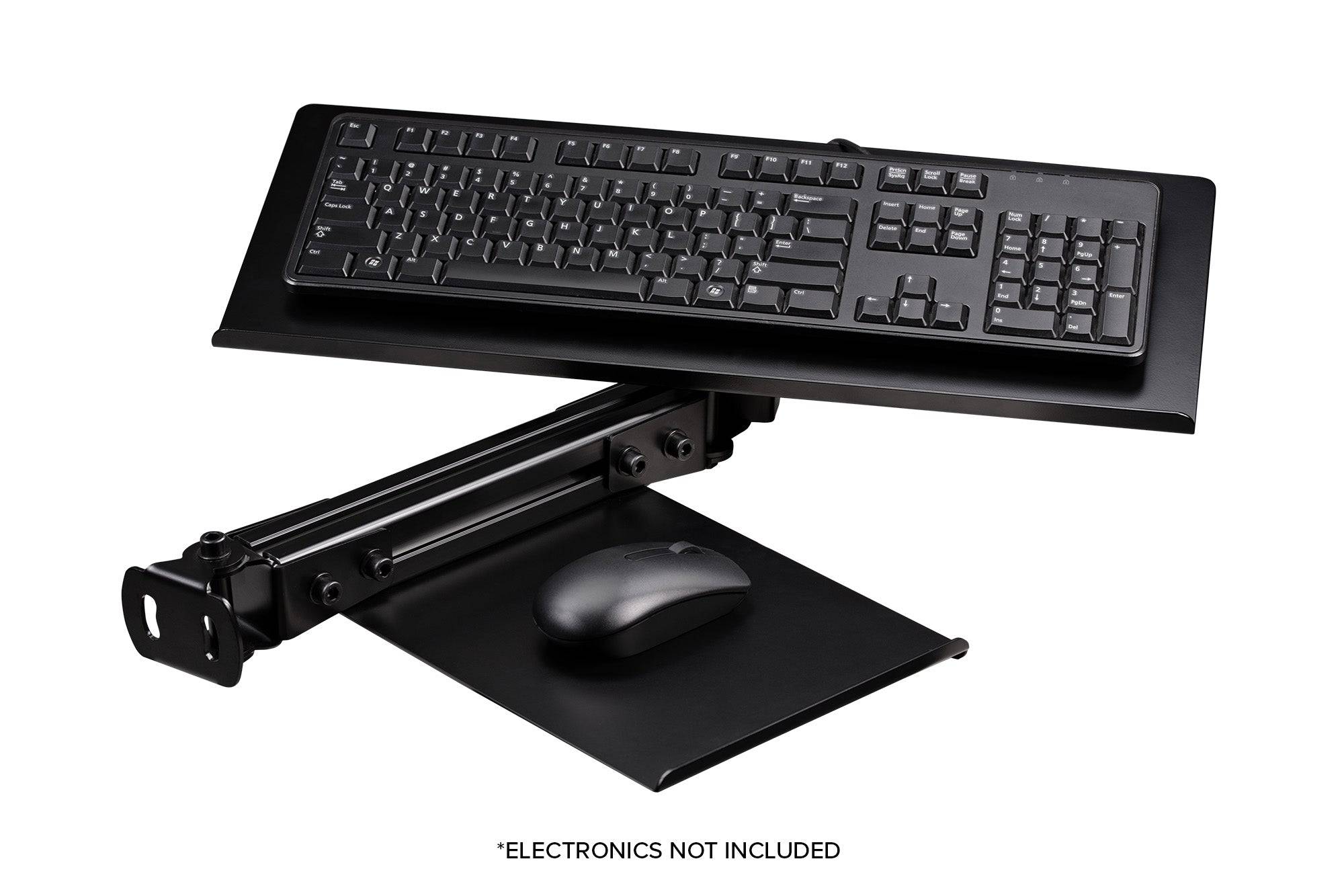 Next Level Racing Elite keyboard and mouse tray in black, ergonomic accessories for gaming and workstation setups.