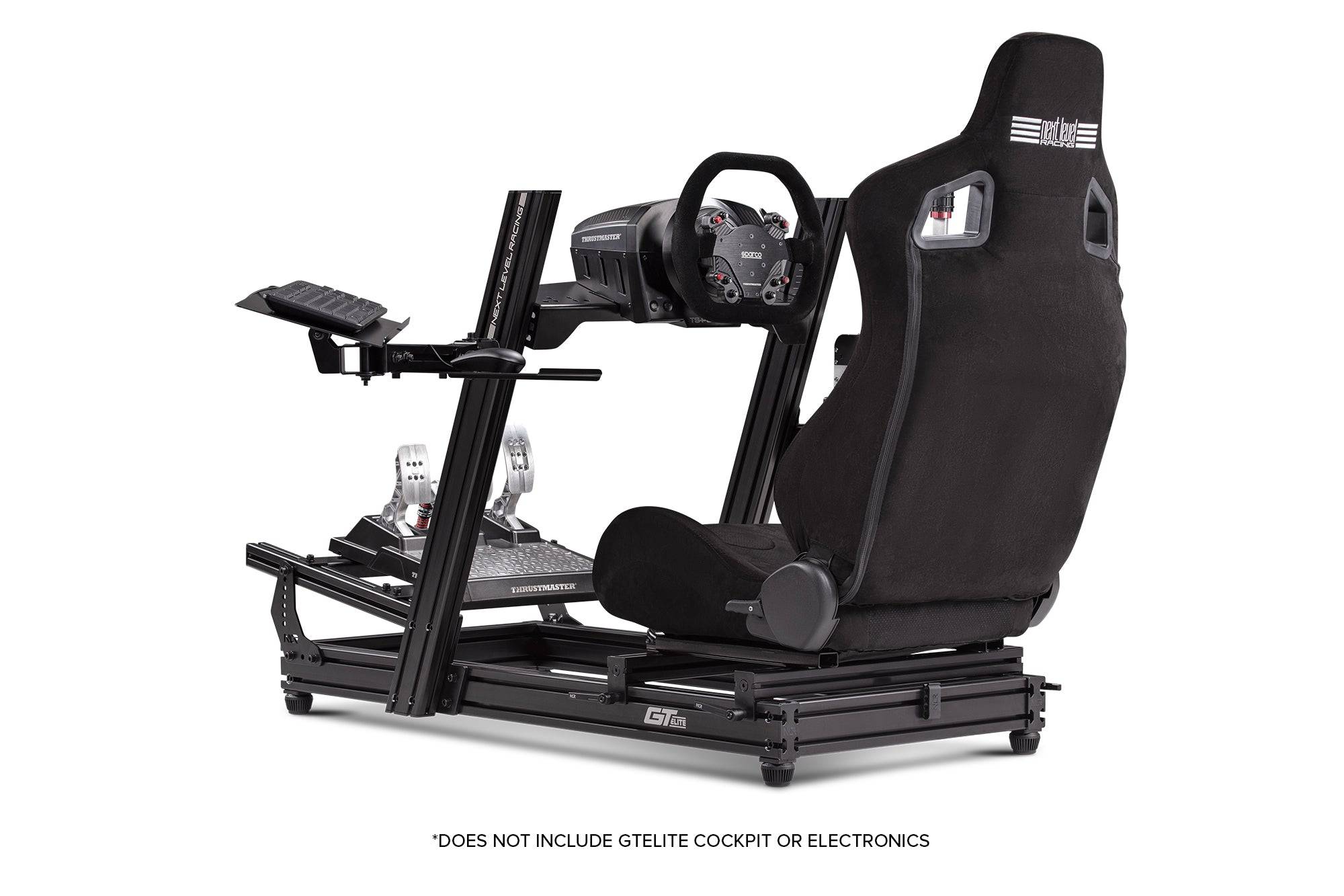 Next Level Racing Elite keyboard and mouse tray in black, adjustable accessories for gaming and computer setups.