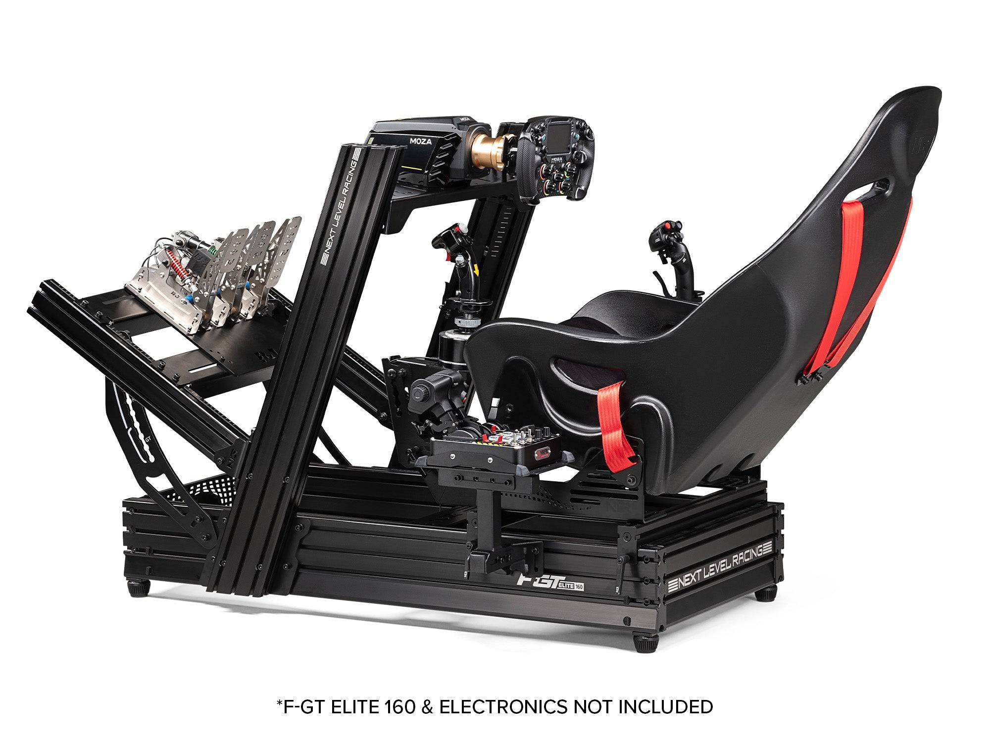 Next Level Racing Elite Series Flight Pack flight cockpit simulator chassis with steering wheel and pedals setup.