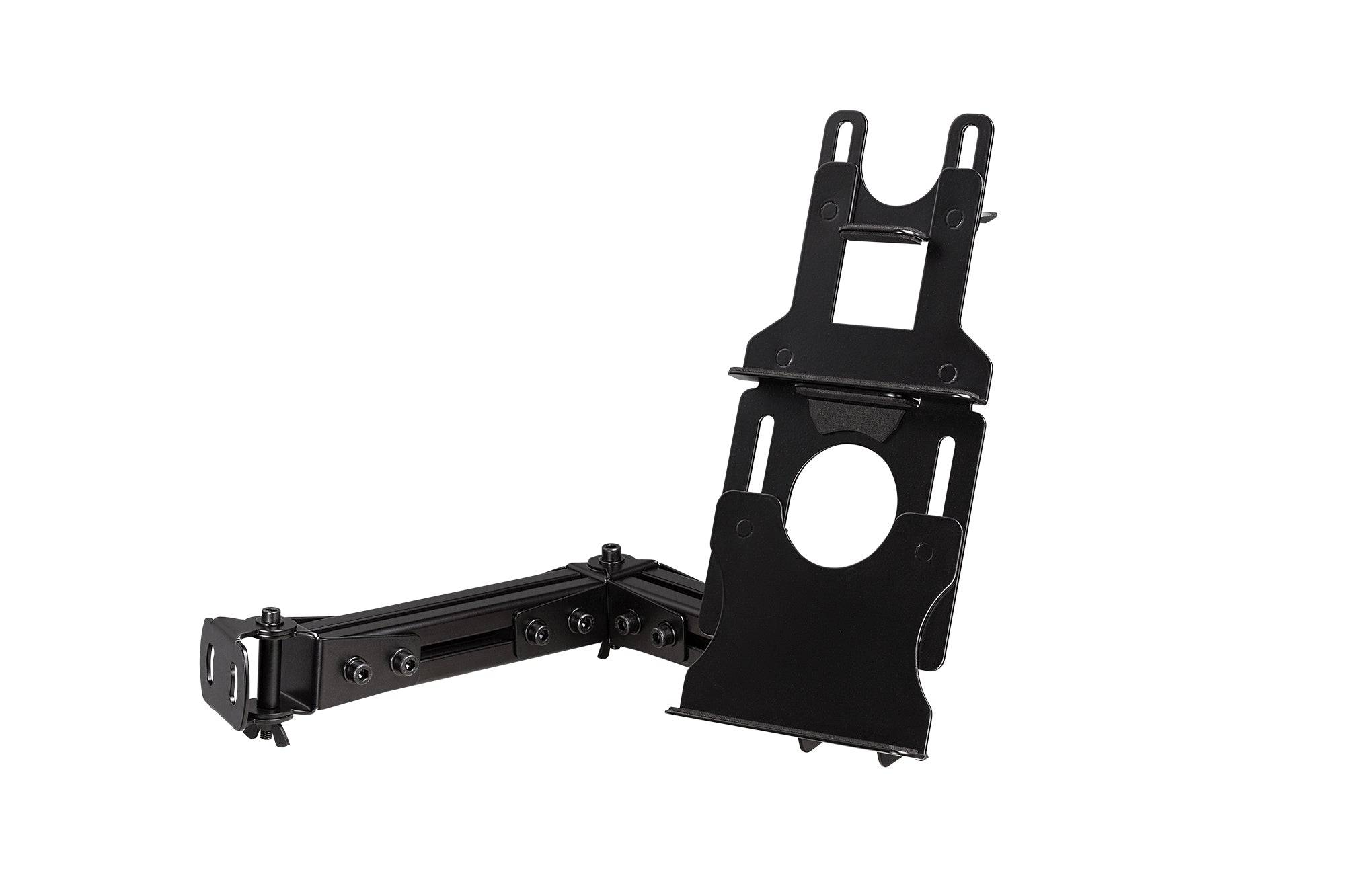 Next Level Racing Elite tablet and button box mount accessory for sim racing setups, shown attached to a racing simulator.