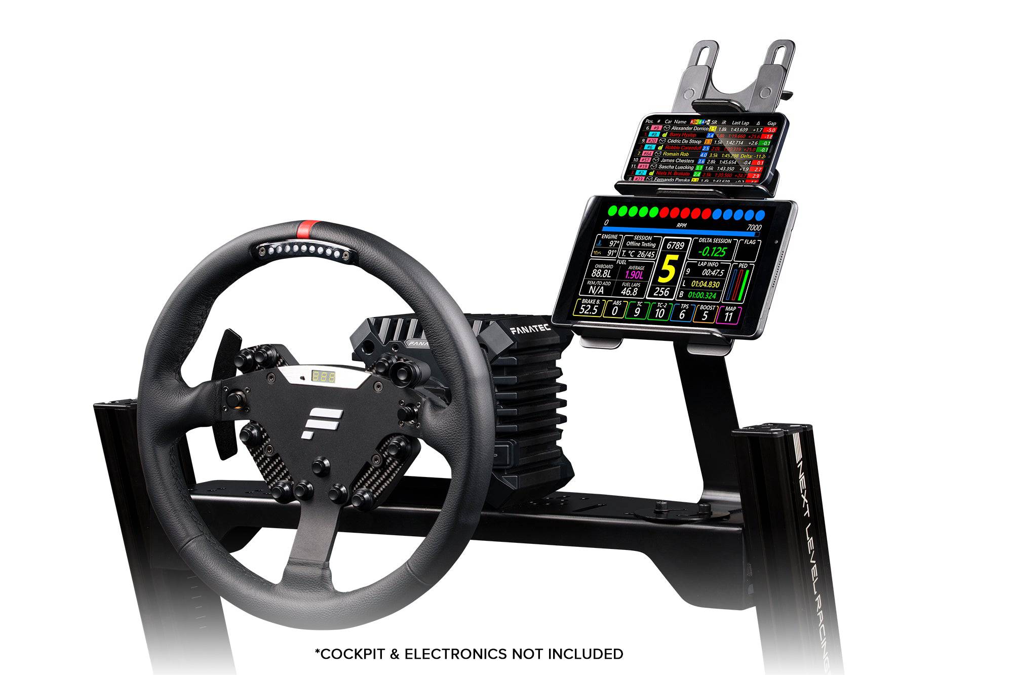 Next Level Racing Elite tablet and button box mount accessory attached to racing sim setup, designed for immersive gaming experience.
