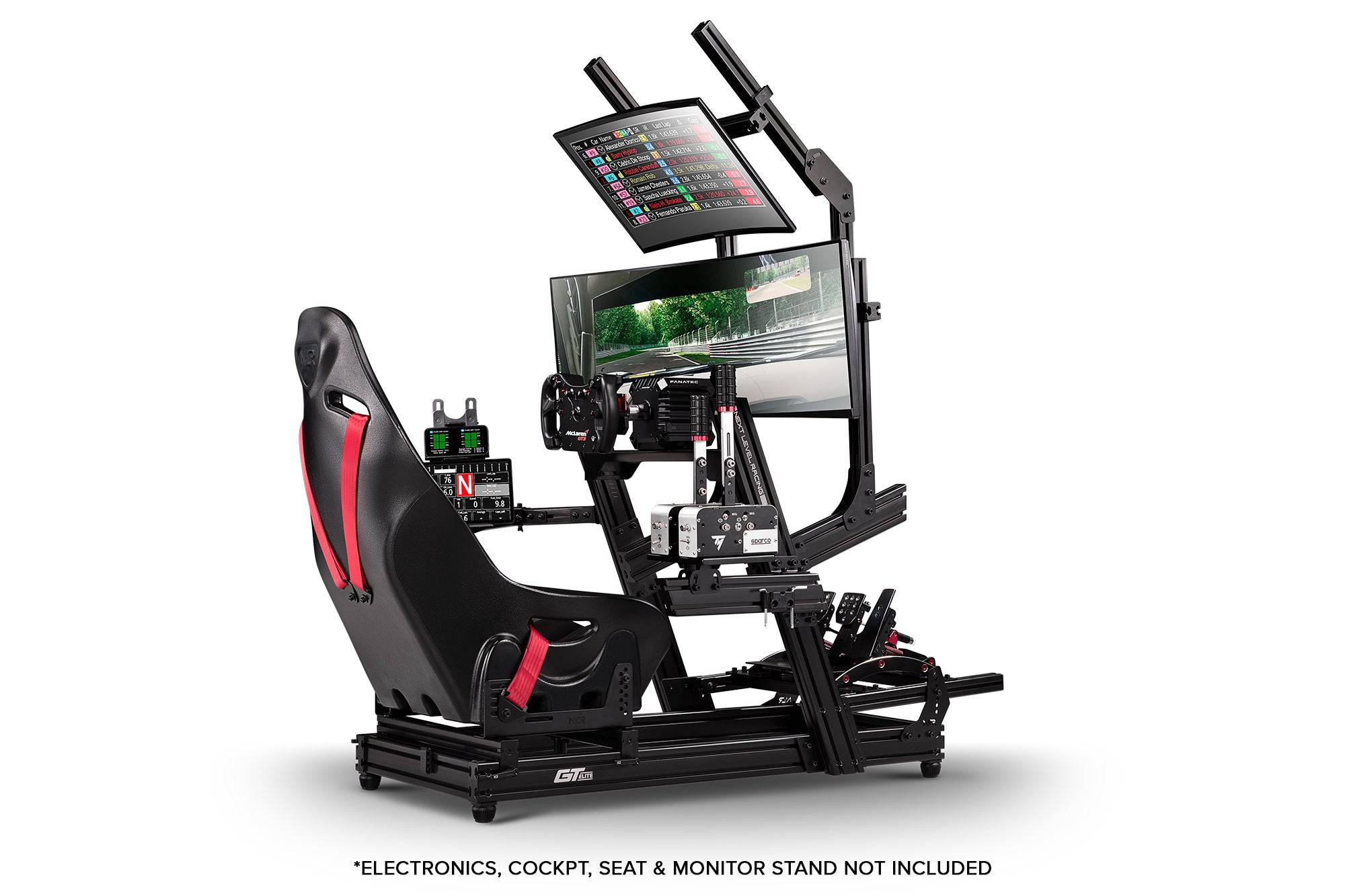 Next Level Racing Elite tablet and button box mount accessory for simulation racing setups, shown attached to a racing rig.