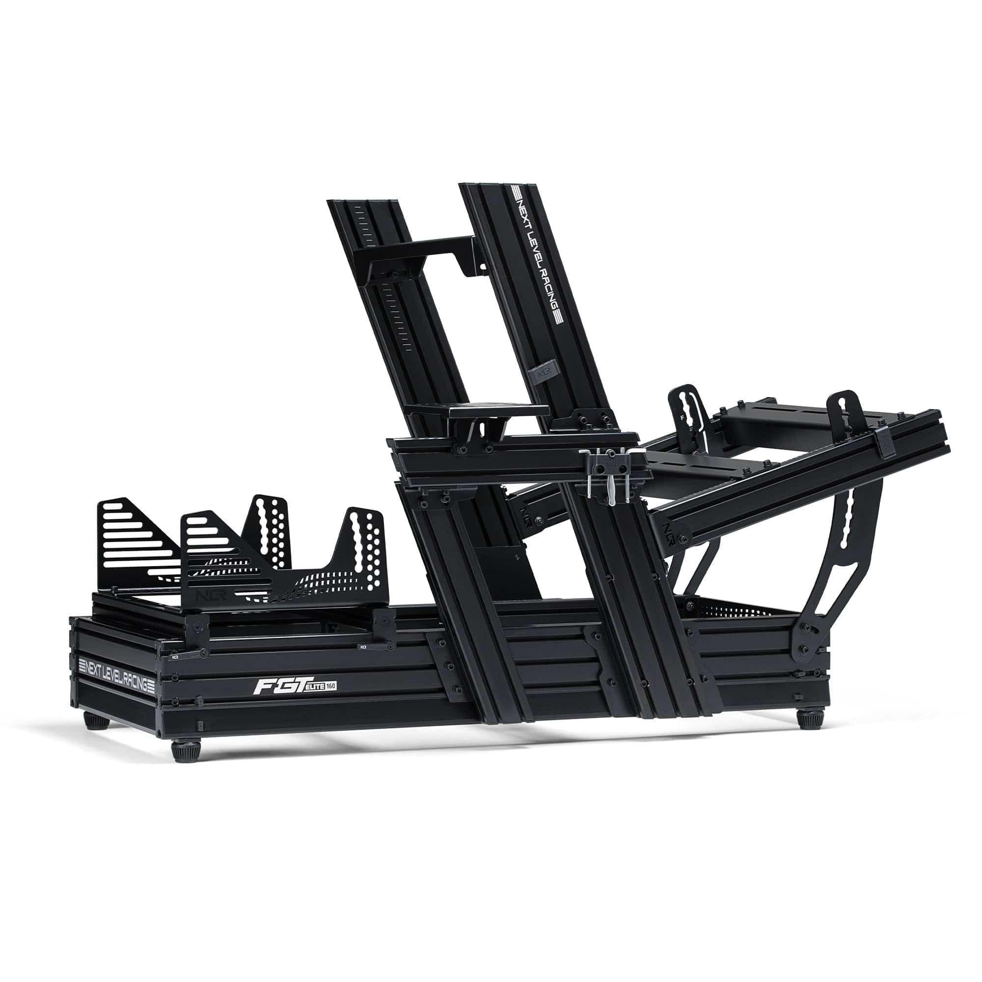 Next Level Racing Elite 160 Wheel Plate Edition black sim racing chassis component on a sleek black background