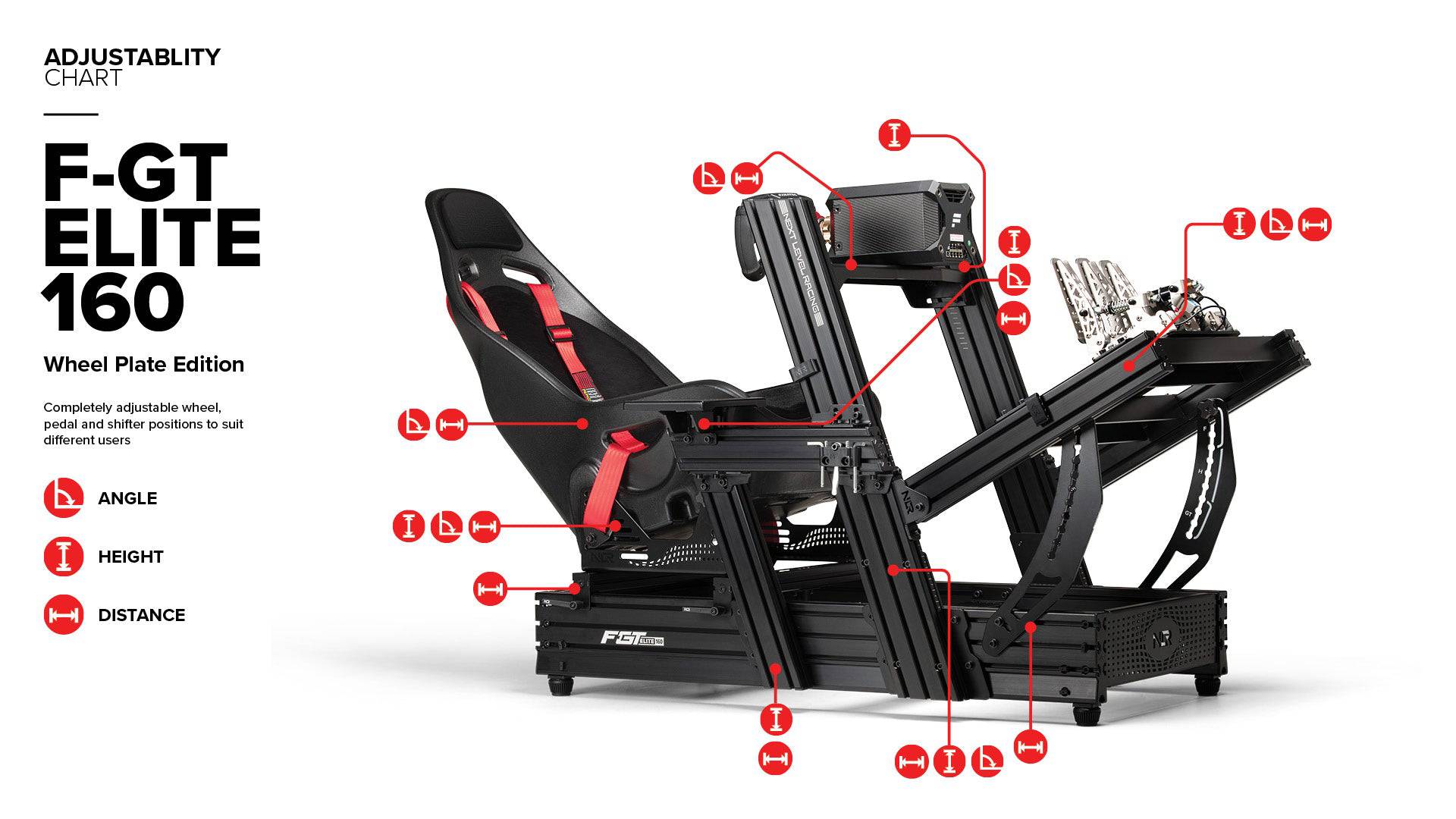 Next Level Racing Elite 160 Wheel Plate Edition black sim racing chassis mounted on a racing setup.