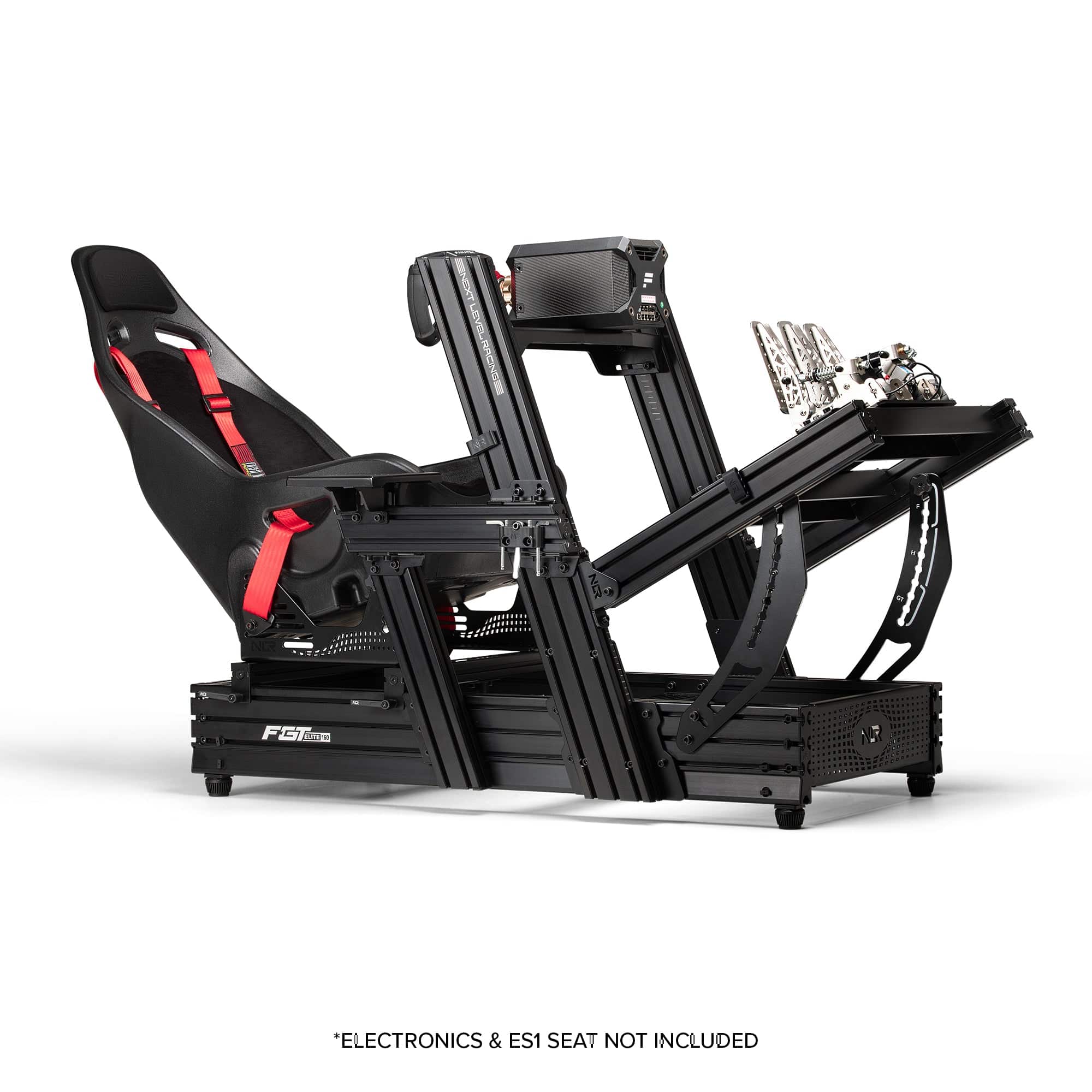 Next Level Racing Elite 160 Wheel Plate Edition black sim racing chassis component for racing setups.