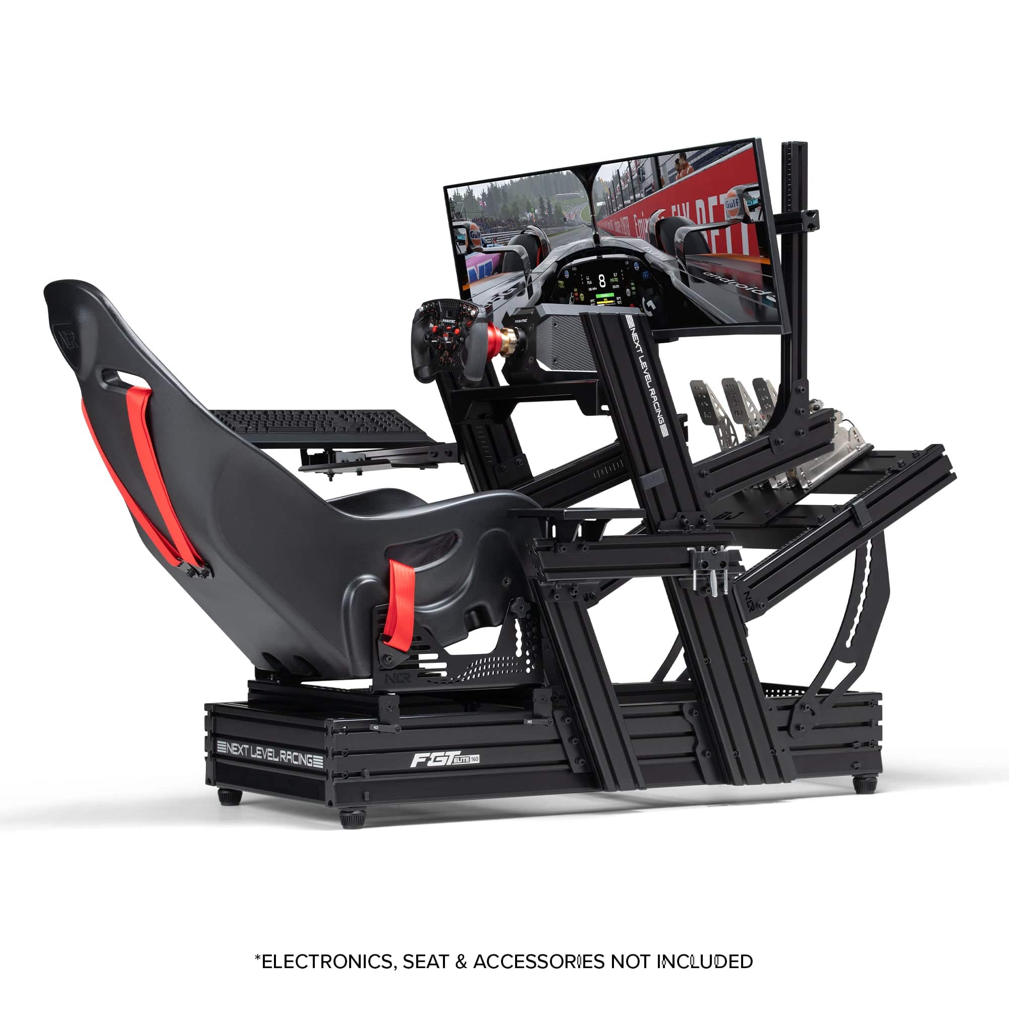 Next Level Racing Elite 160 Wheel Plate Edition black sim racing chassis component on a racing setup.