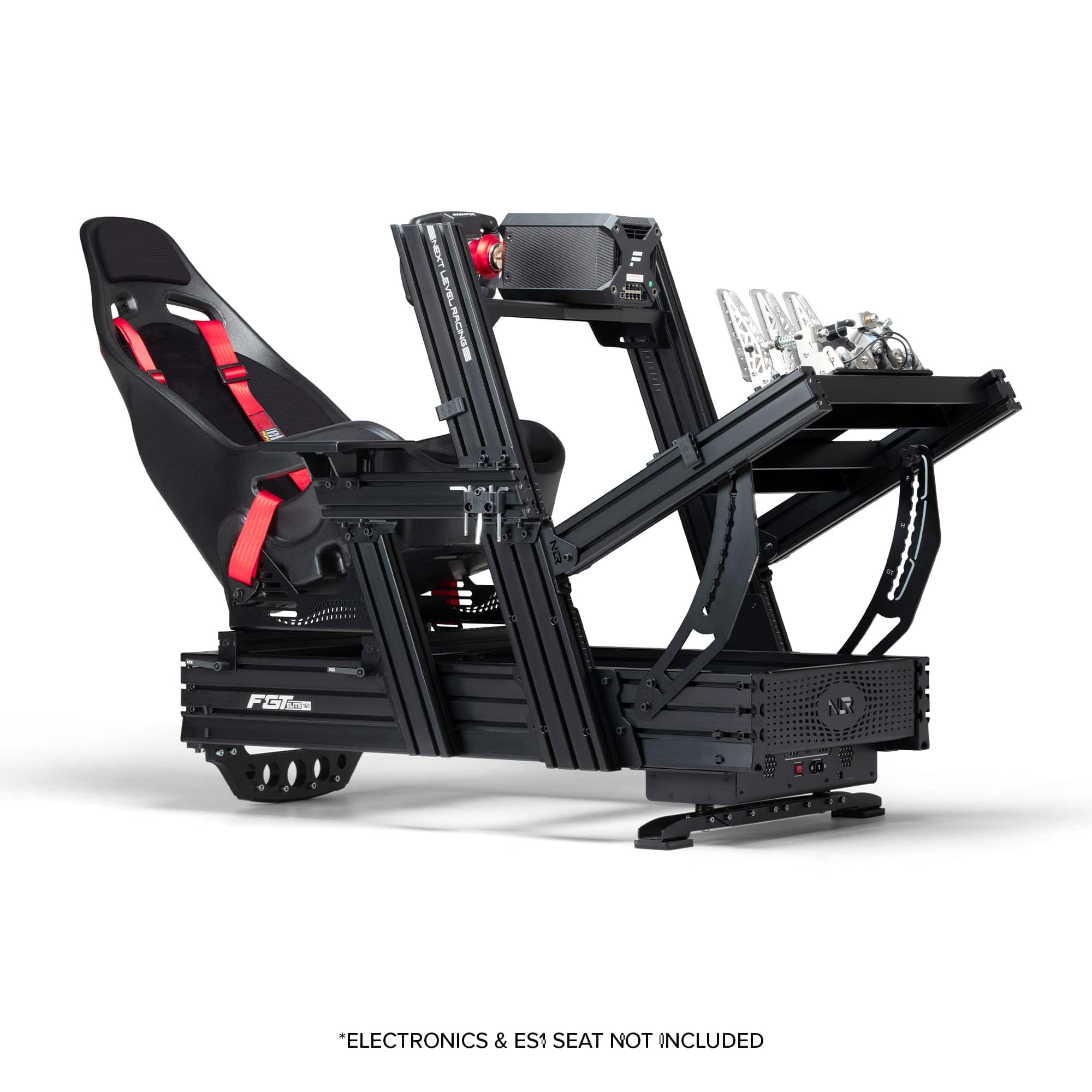 Next Level Racing Elite 160 Wheel Plate Edition black sim racing chassis component displayed on a racing setup.