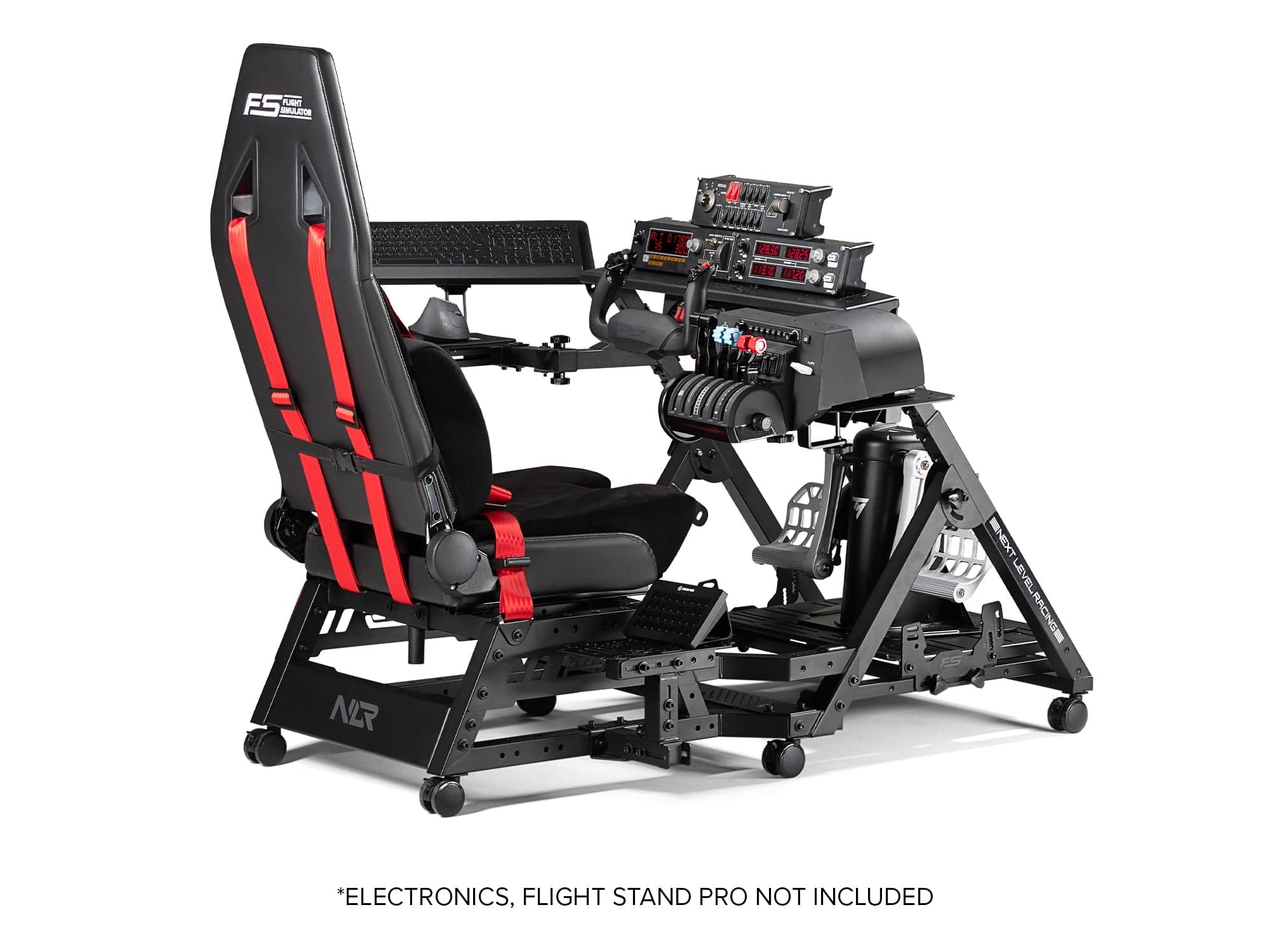 Next Level Racing Flight Seat Pro simulator cockpit chassis with adjustable seat and sturdy frame for flight simulation setups.