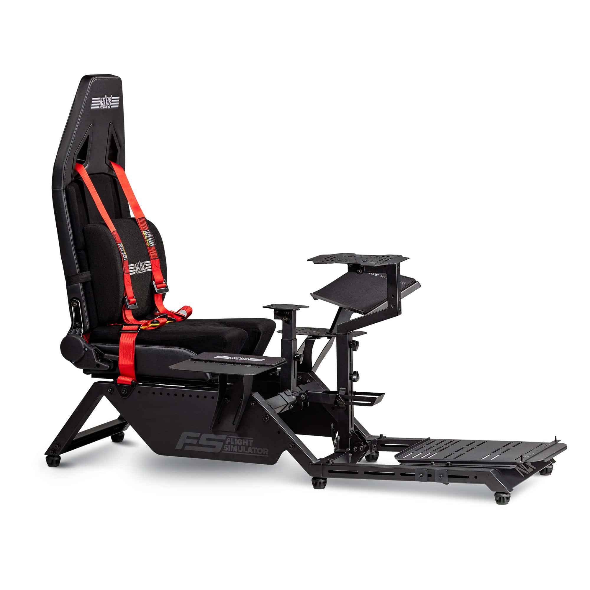 Next Level Racing flight simulator cockpit chassis with adjustable controls and sturdy frame for realistic flight simulation setup.