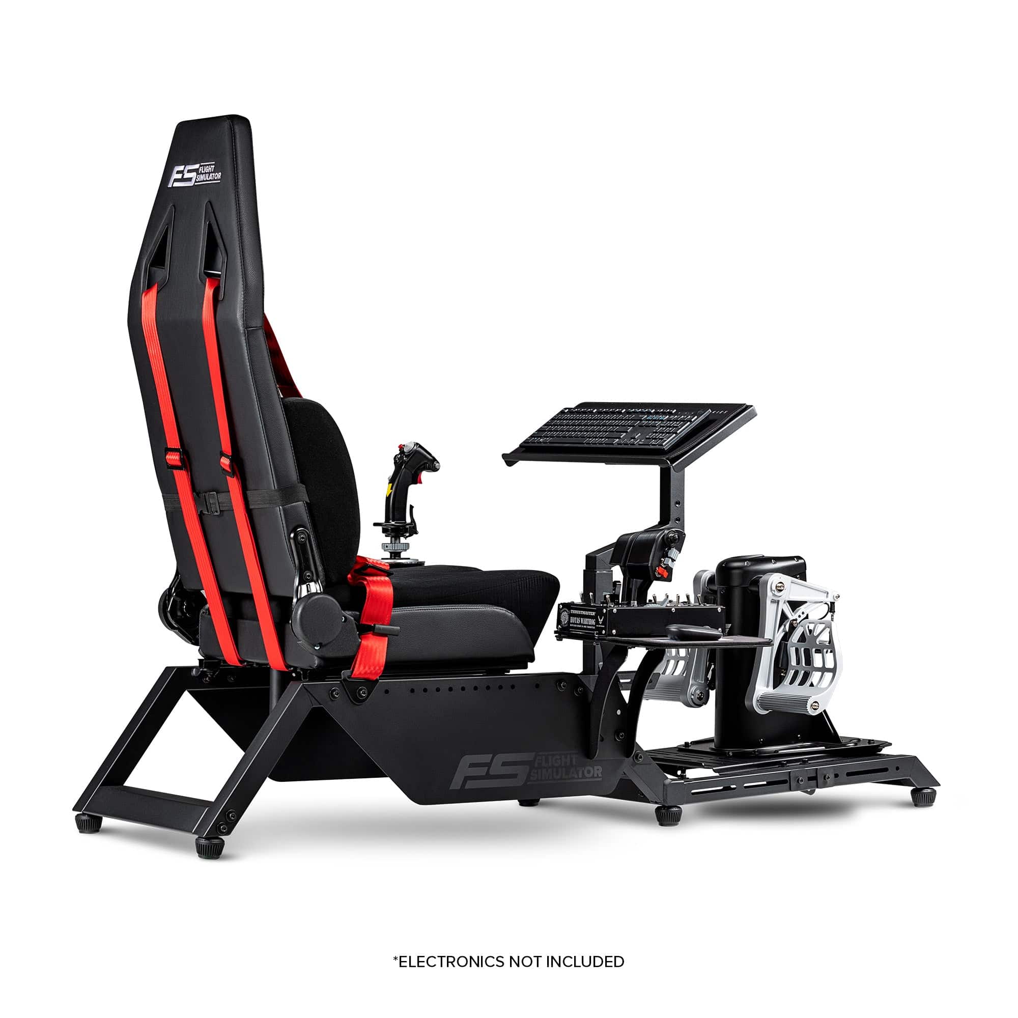 Next Level Racing Flight Simulator Cockpit chassis with racing seat, steering wheel mount, and adjustable components for immersive flight simulation.