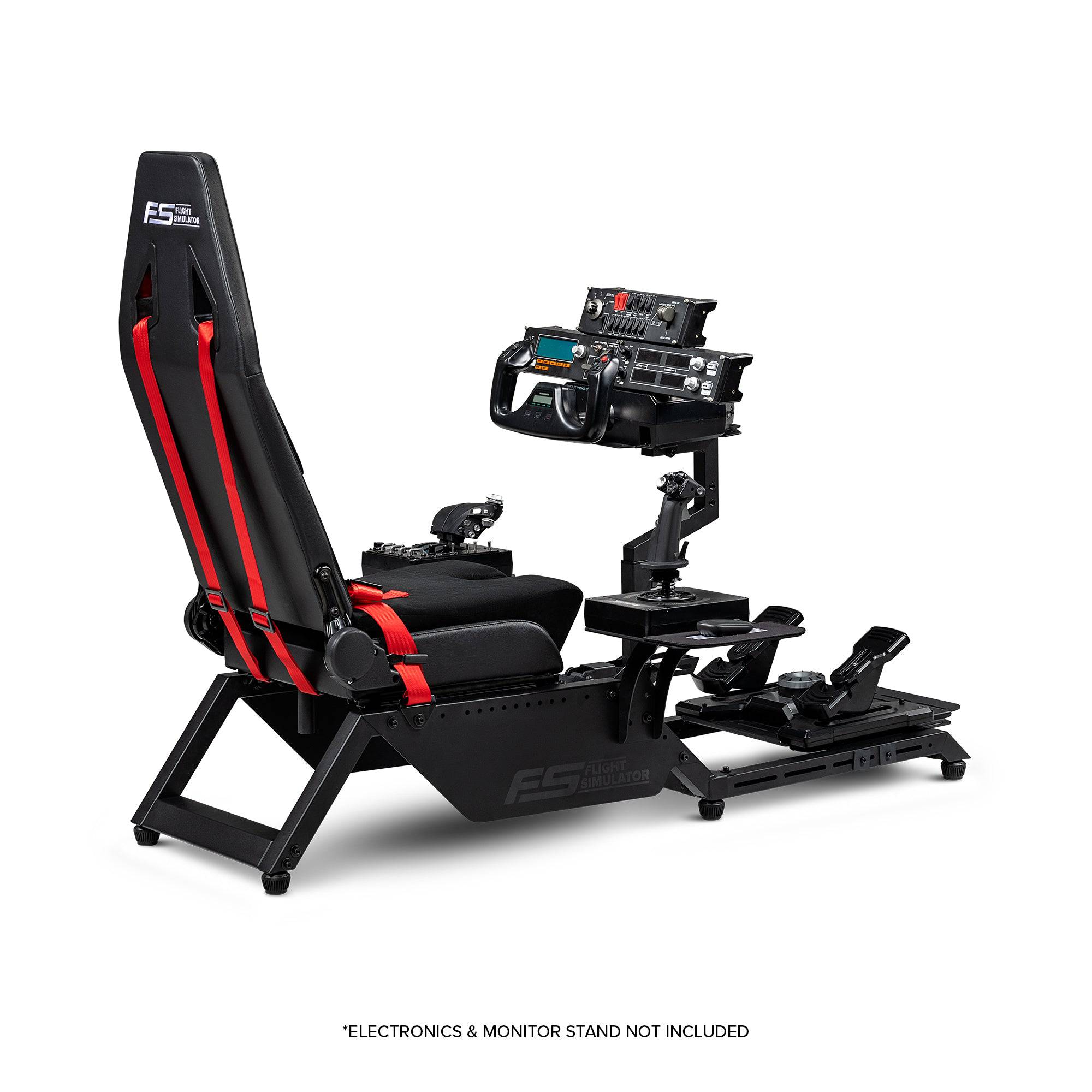 Next Level Racing Flight Simulator Cockpit chassis with adjustable seat, steering wheel mount, and realistic cockpit design for flight simulation.