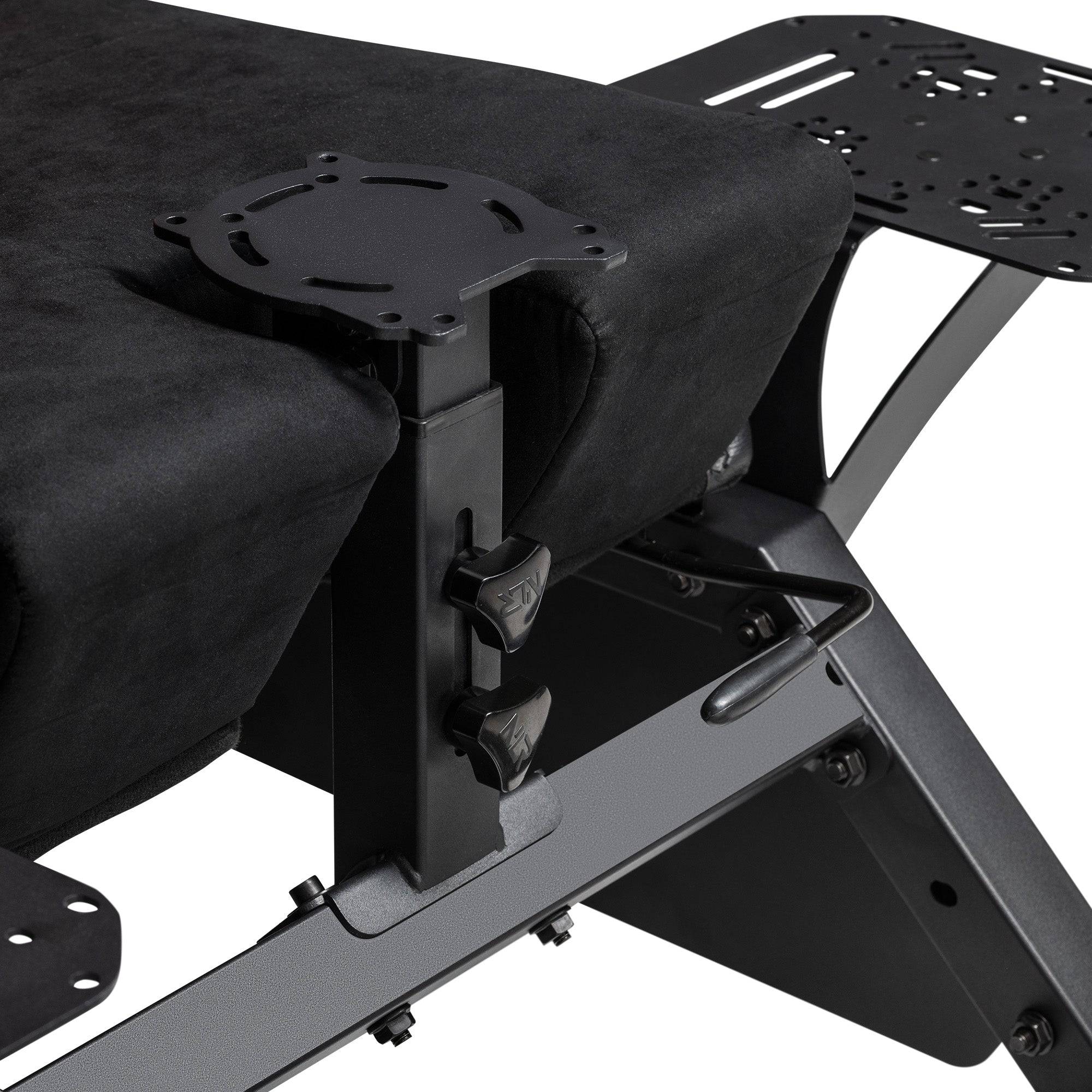 Next Level Racing Flight Simulator Cockpit chassis with racing seat and control mounts for immersive flight simulation setup.