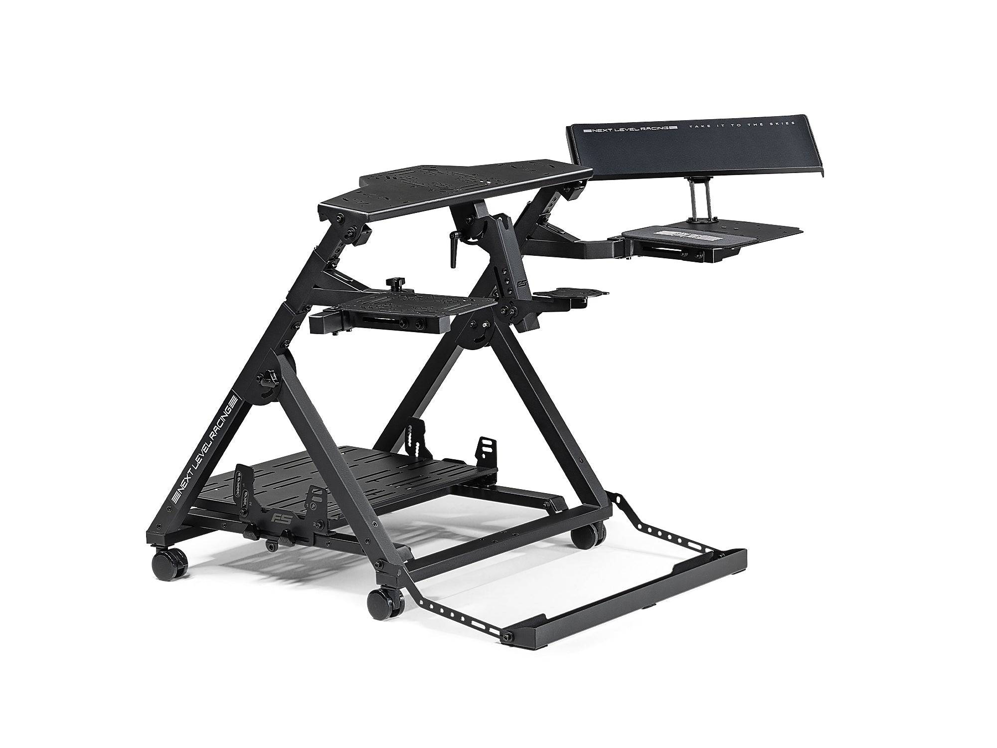 Next Level Racing Flight Stand Pro flight cockpit simulator chassis with adjustable controls and sturdy frame for immersive flight simulation.