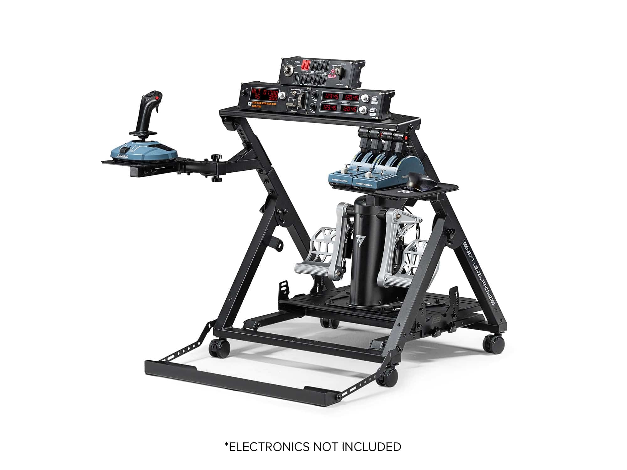 Next Level Racing Flight Stand Pro flight cockpit simulator chassis with steering controls and adjustable setup for immersive flying experience.