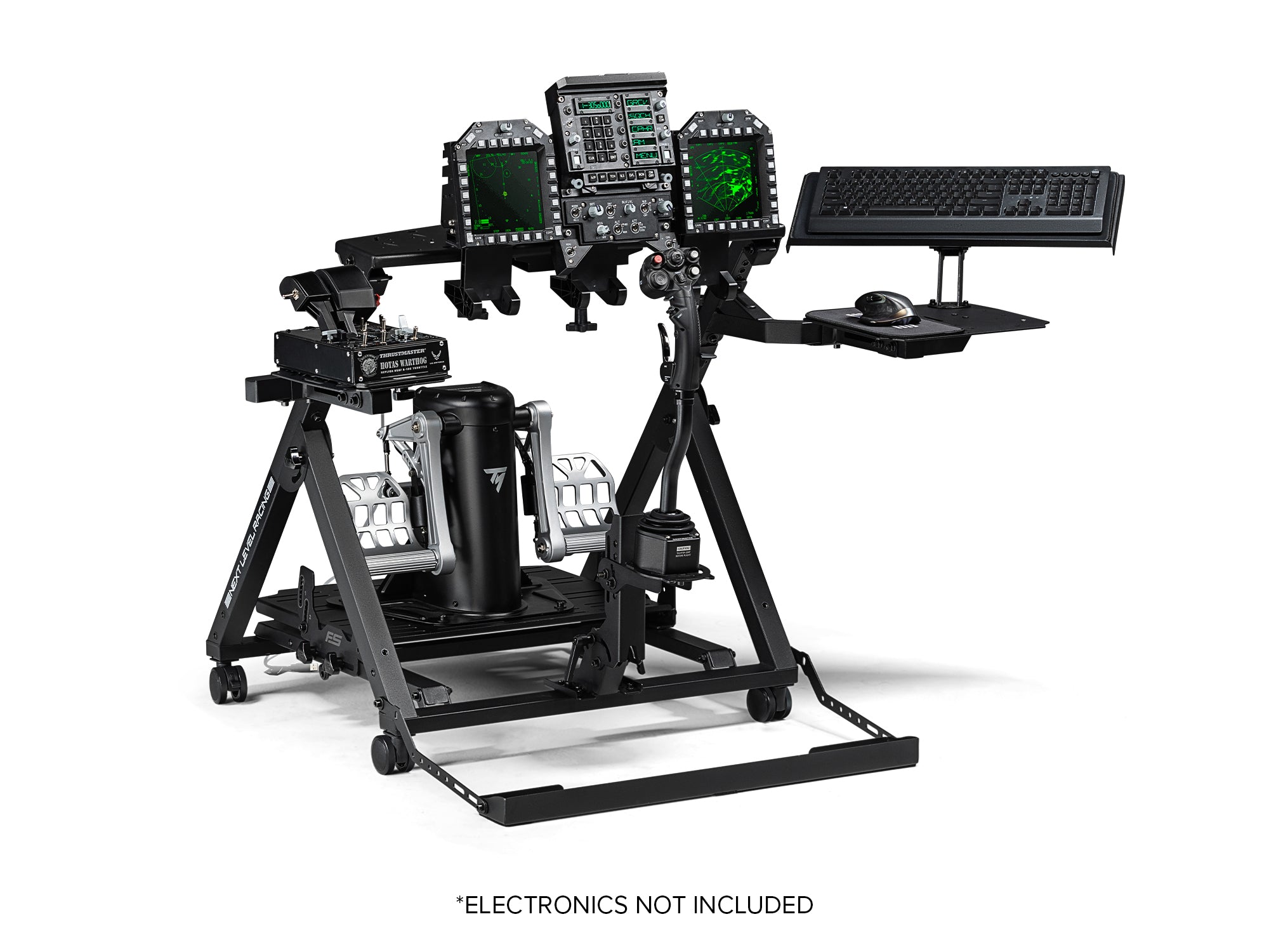 Next Level Racing Flight Stand Pro simulator cockpit chassis with adjustable flight controls and sturdy frame for immersive flying.