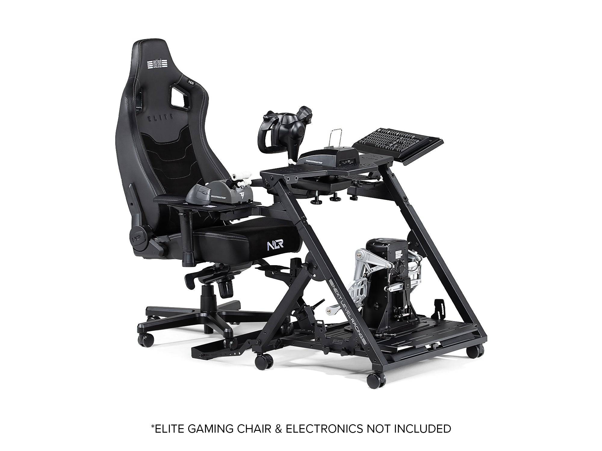 Next Level Racing Flight Stand Pro simulator chassis with adjustable flight cockpit setup and sturdy build.