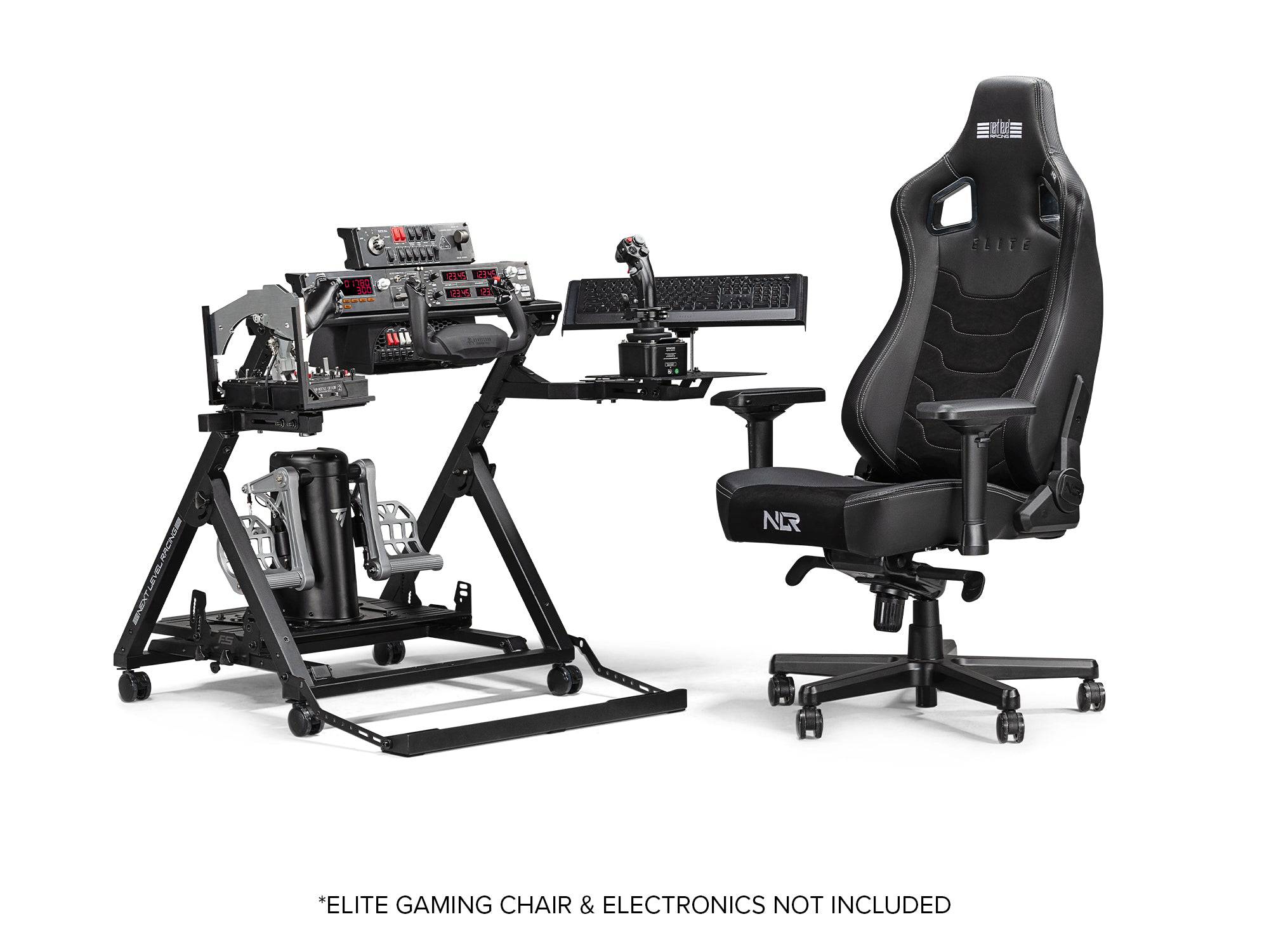 Next Level Racing Flight Stand Pro flight cockpit simulator chassis with adjustable controls and sturdy frame for immersive gaming.