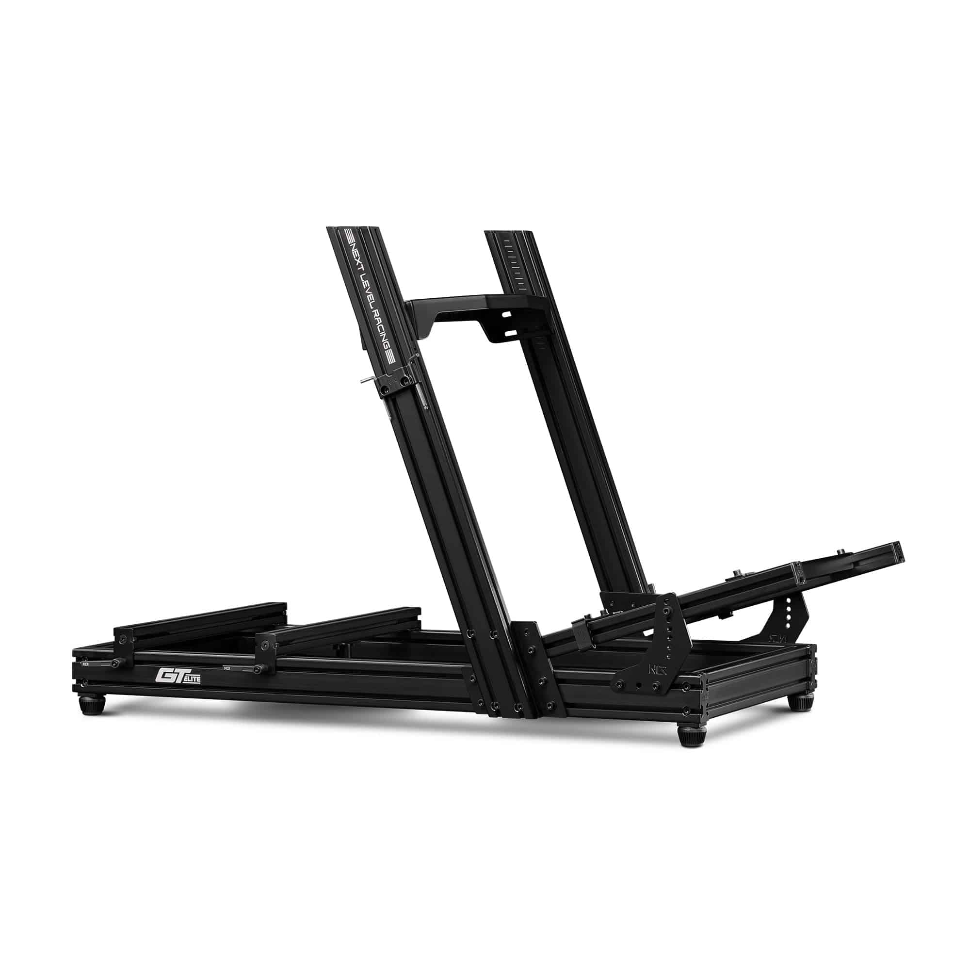 Next Level Racing GTELite Lite sim racing chassis with wheel plate, black metal frame, and adjustable support for immersive racing setup.
