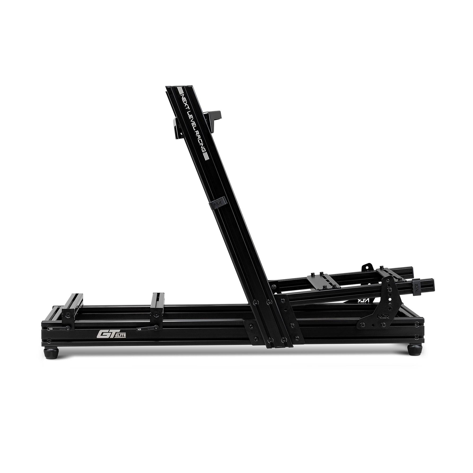 Next Level Racing GT Elite Lite sim racing chassis with wheel plate, sturdy frame, and adjustable components for immersive racing experience.