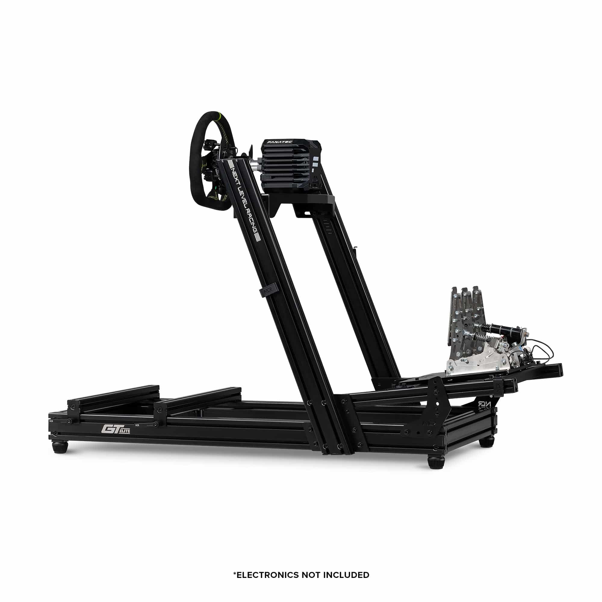 Next Level Racing GT Elite Lite racing simulator chassis with wheel plate, black metal frame and adjustable components for sim racing setups.