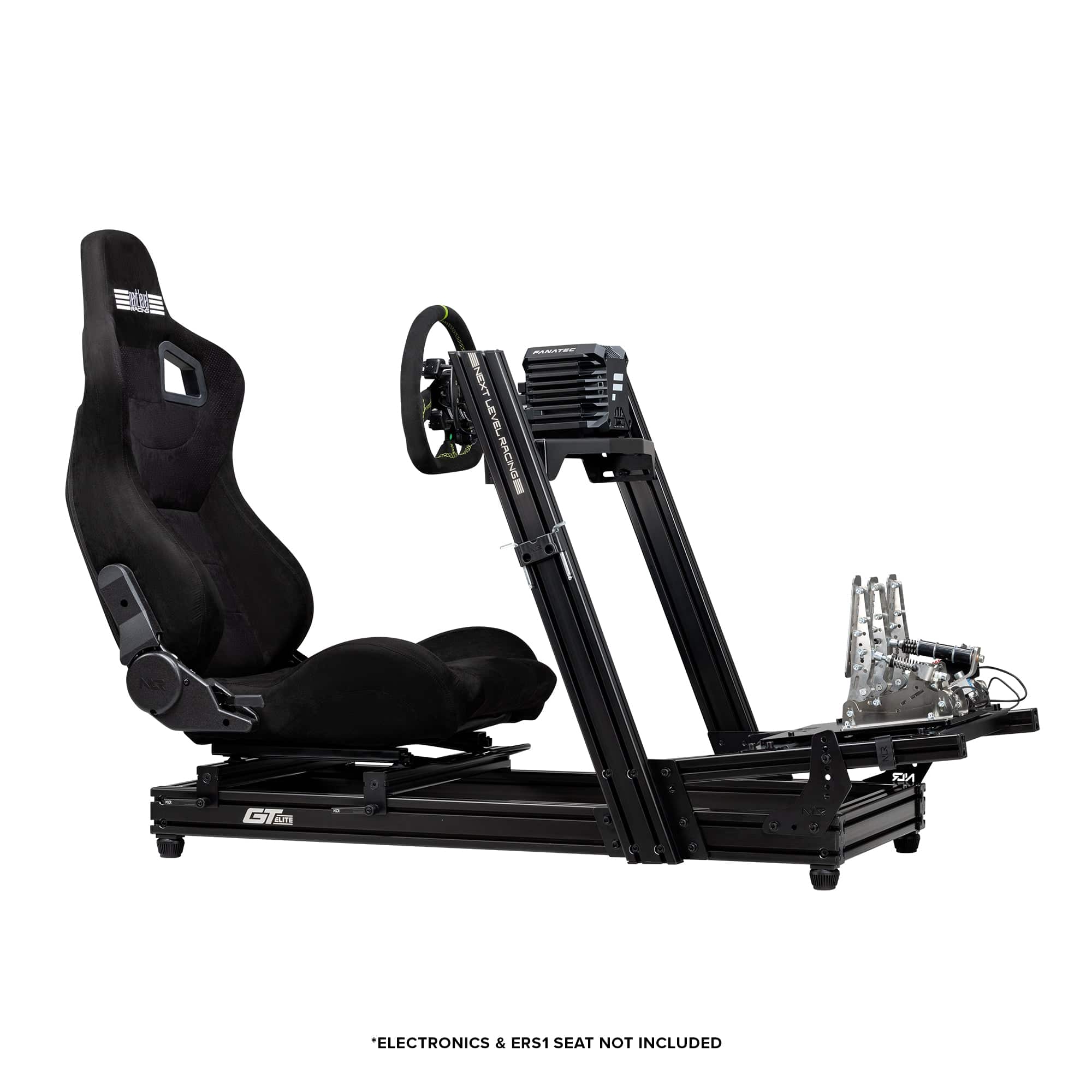 Next Level Racing GTELite Lite sim racing chassis with wheel plate, black frame and mounting area for racing wheel and accessories.