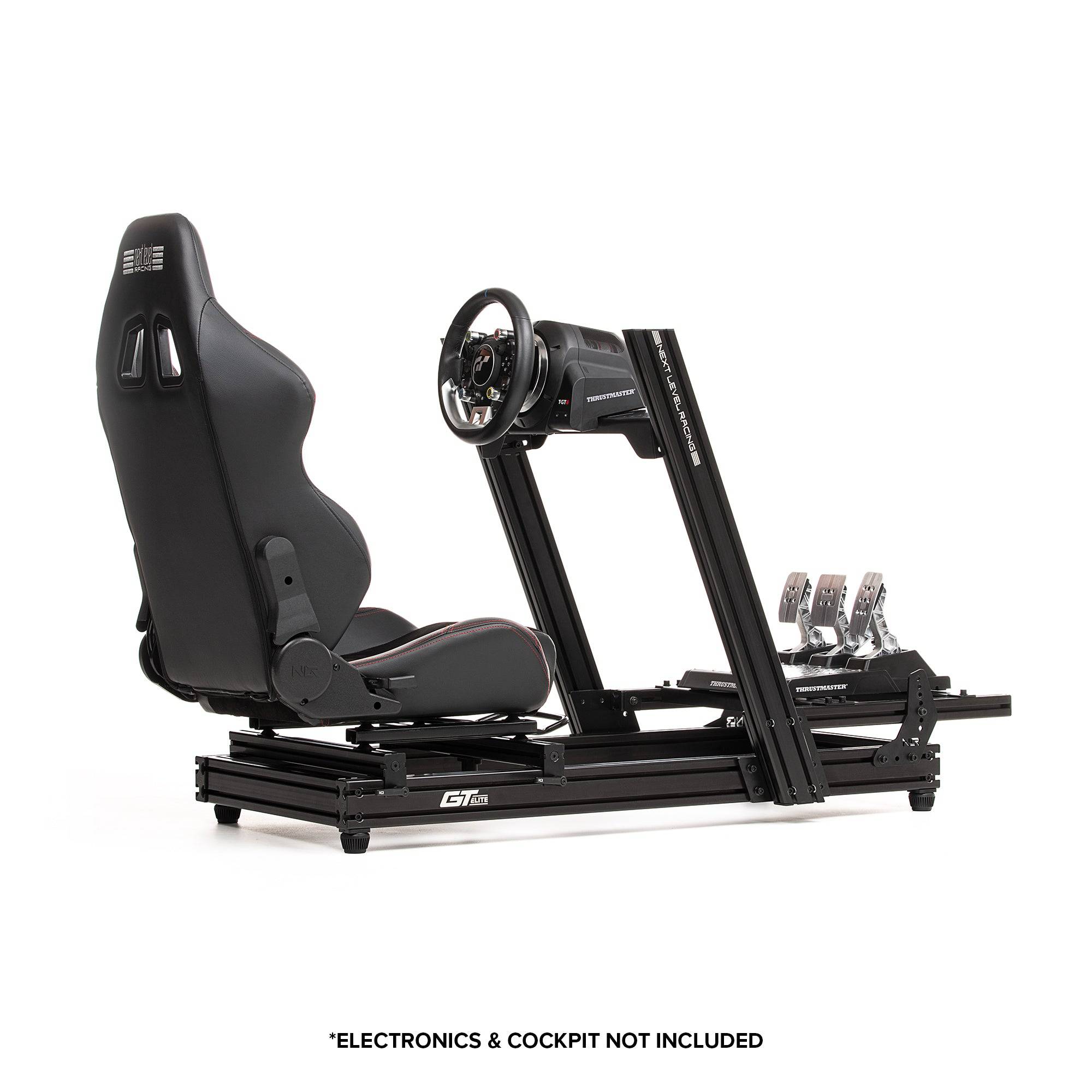 Next Level Racing GT Elite Lite sim racing chassis with wheel plate attachment, showcasing the sturdy cockpit structure and mounting area.
