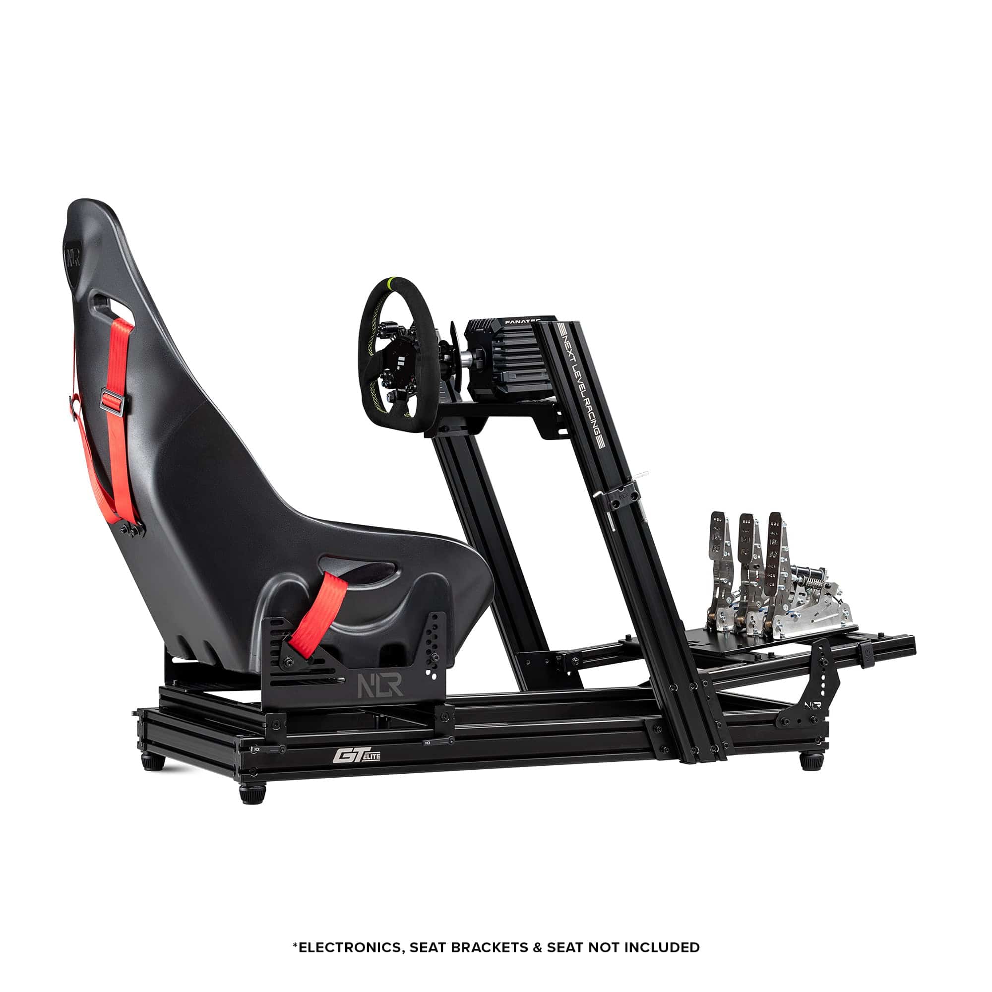 Next Level Racing GT Elite Lite sim racing chassis with wheel plate, black metal frame and adjustable mounts for racing simulation setup.