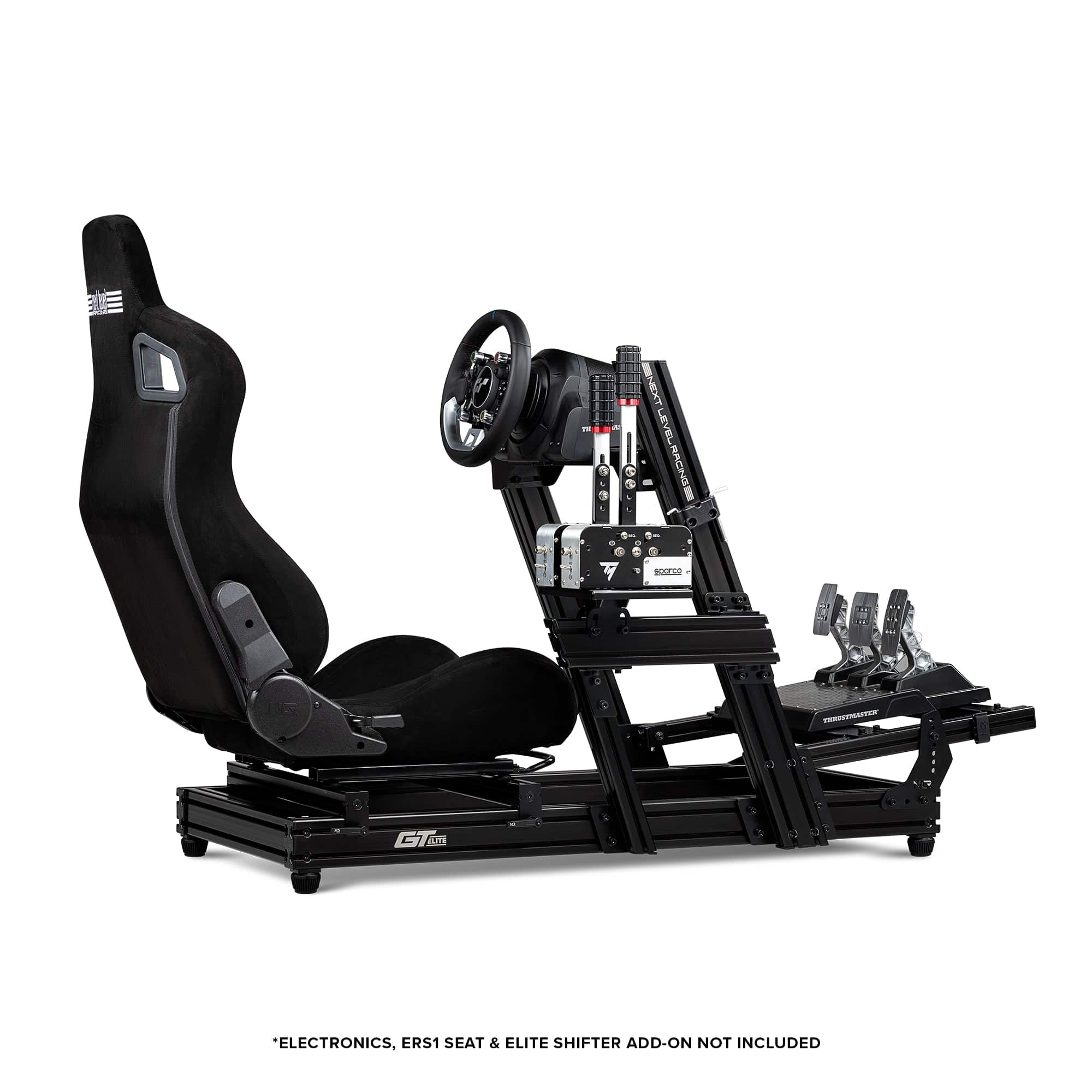 Next Level Racing GT Elite Lite sim racing chassis with wheel plate attachment, lightweight and sturdy for immersive racing experience.