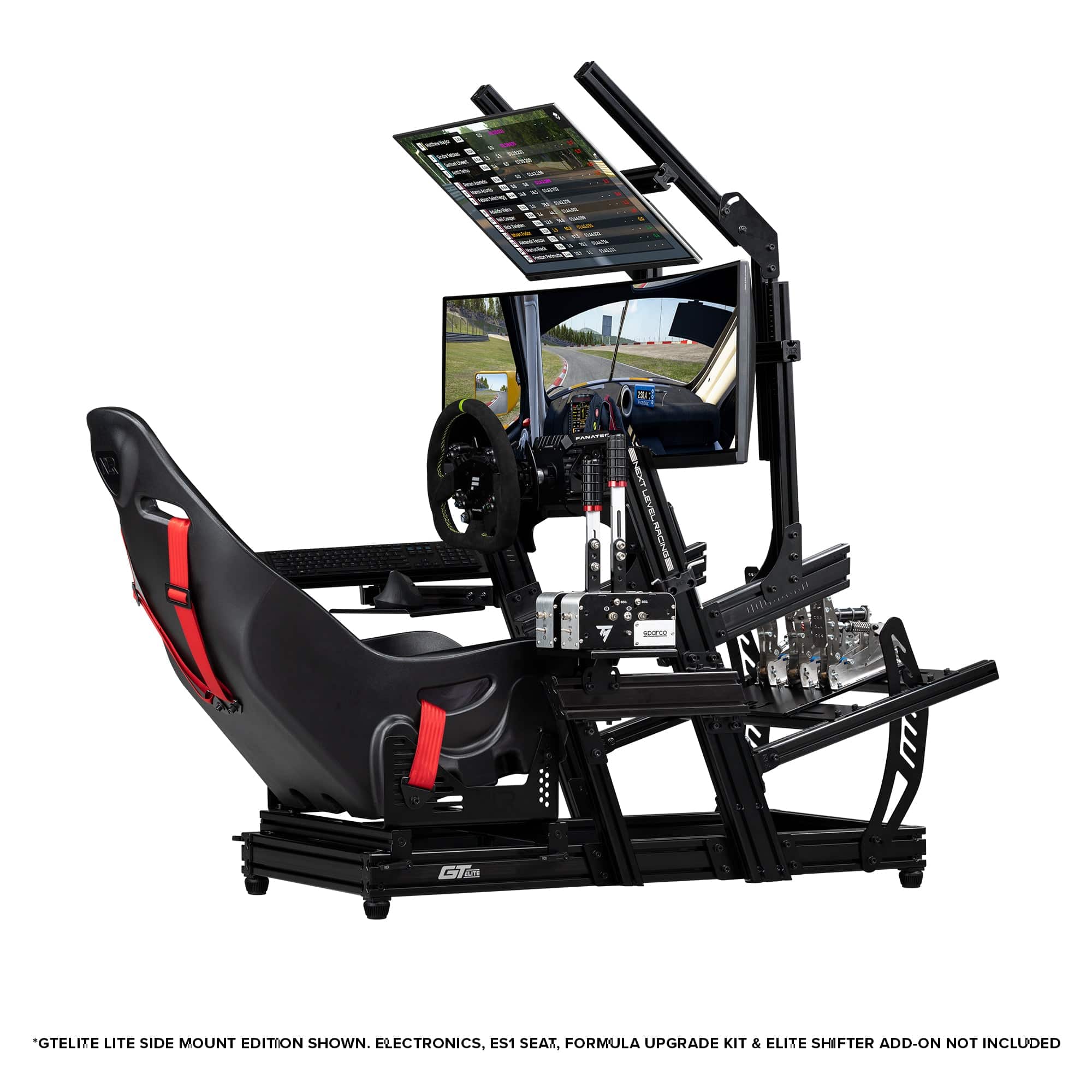 Next Level Racing GT Elite Lite racing simulator chassis with wheel plate for realistic sim racing setup.