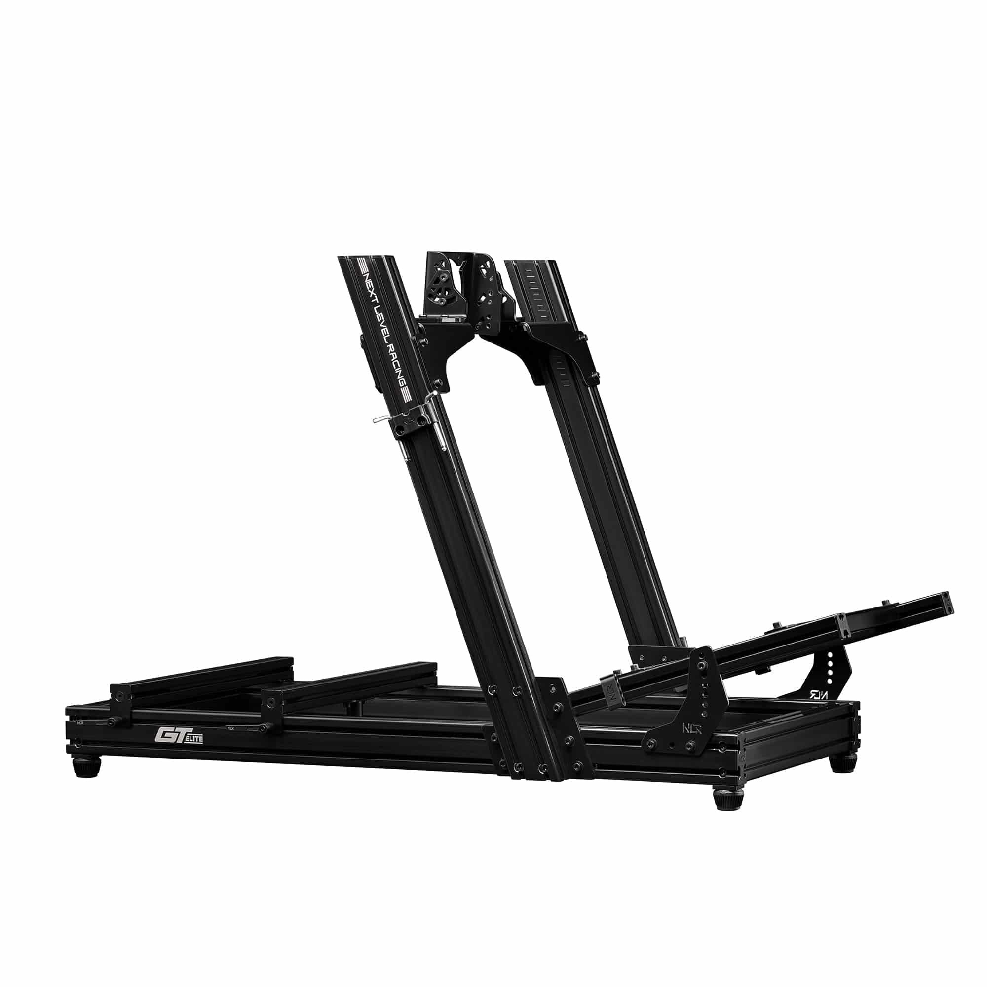 Next Level Racing GT Elite Lite sim racing chassis with front and side mounts, lightweight racing simulator cockpit for immersive racing.
