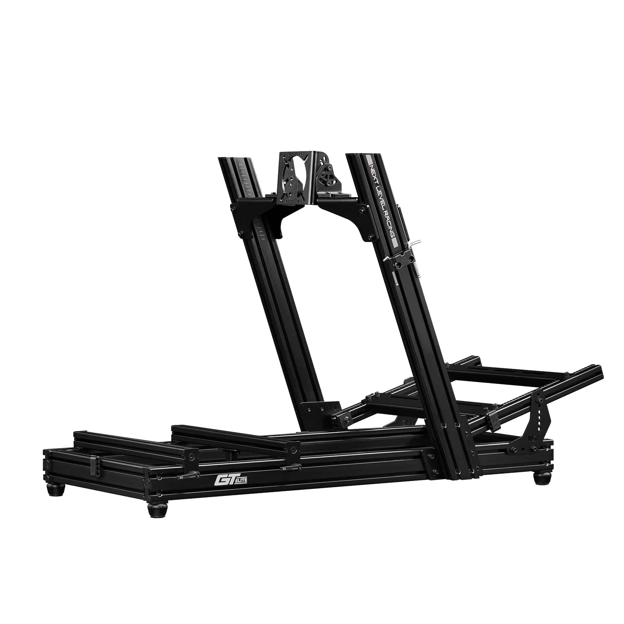 Next Level Racing GT Elite Lite racing simulator chassis with front and side mounts for sim racing setup.