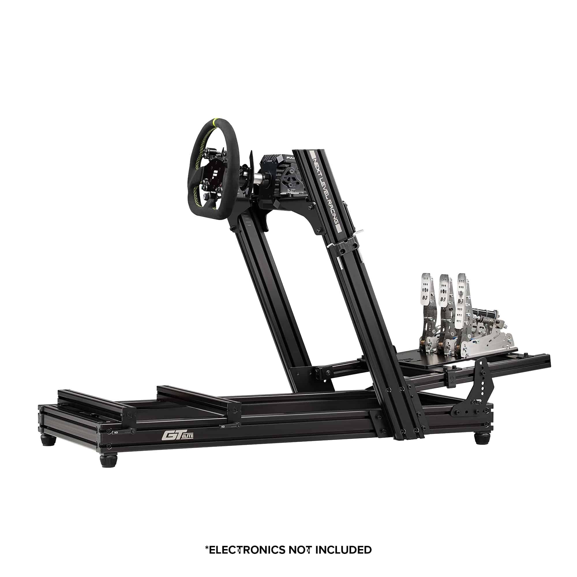 Next Level Racing GT Elite Lite sim racing chassis with front and side mounts, lightweight racing simulator cockpit.
