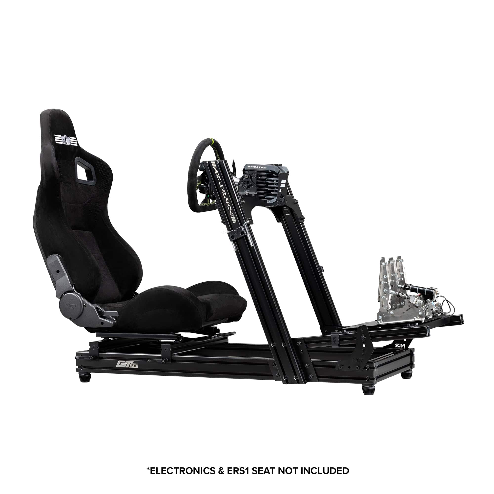 Next Level Racing GT Elite Lite racing simulator chassis with front and side mounts, designed for immersive sim racing.