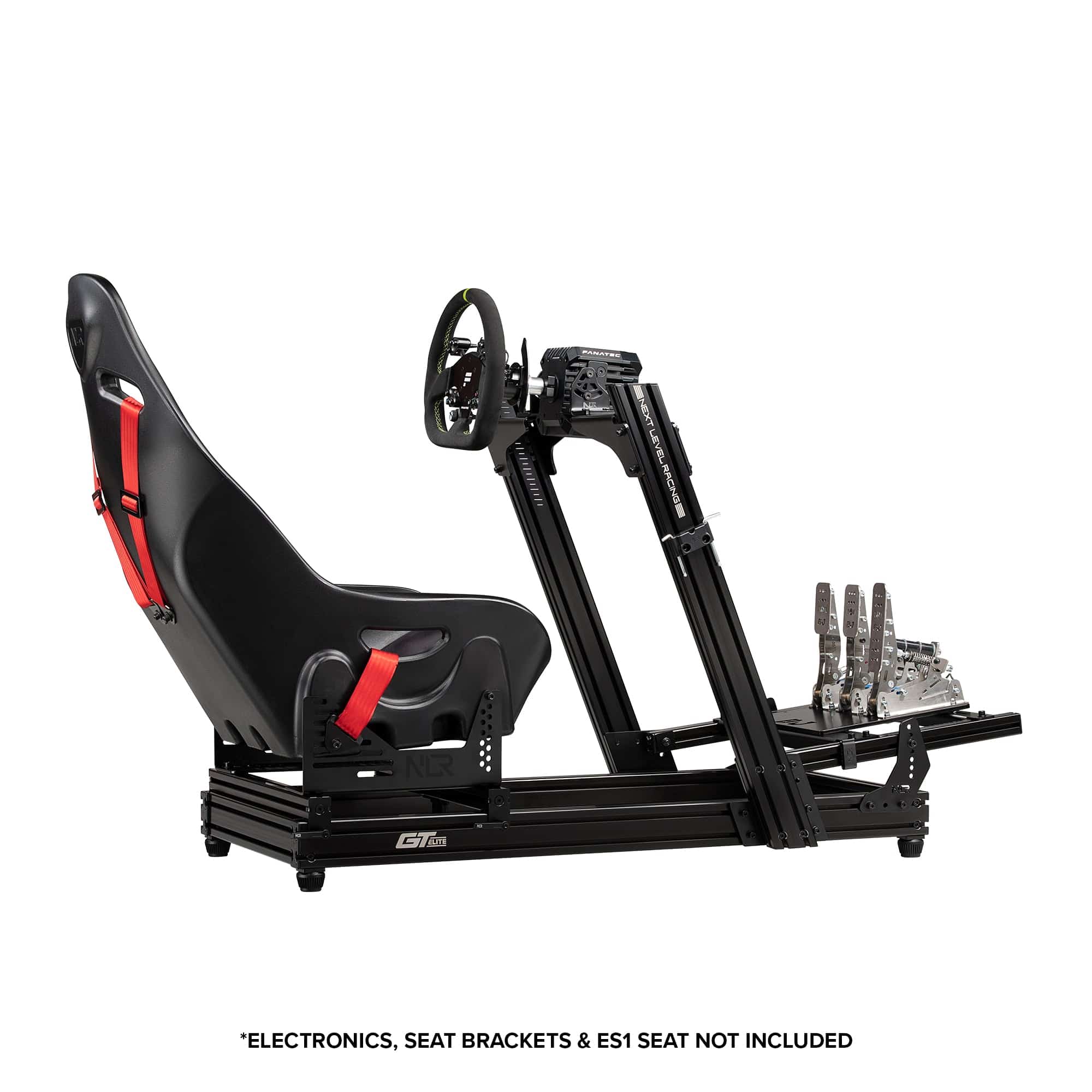 Next Level Racing GT Elite Lite sim racing chassis with front and side mounts, lightweight design for competitive racing setup.